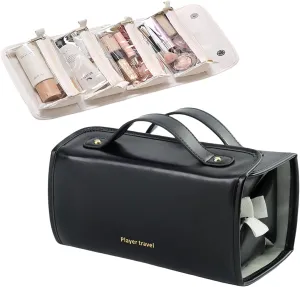 Large Capacity Makeup Bag Organizer - Premium PU Leather Cosmetic Case with 4 Removable Dividers & Dual Handles | Waterproof Lay-Flat Design Travel Toiletry Bag for Women (BLACK)