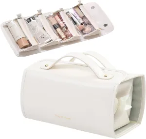 Large Capacity Makeup Bag Organizer - Premium PU Leather Cosmetic Case with 4 Removable Dividers & Dual Handles | Waterproof Lay-Flat Design Travel Toiletry Bag for Women (WHITE)