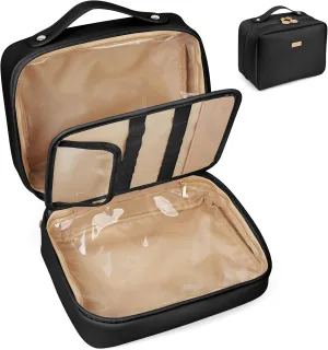 Large Makeup Bag PU Leather Cosmetic Bags for Women Makeup Organizer Bag Open Flat Toiletry Bag, Black