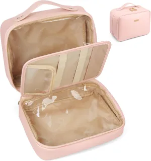 Large Makeup Bag PU Leather Cosmetic Bags for Women Makeup Organizer Bag Open Flat Toiletry Bag,Pink