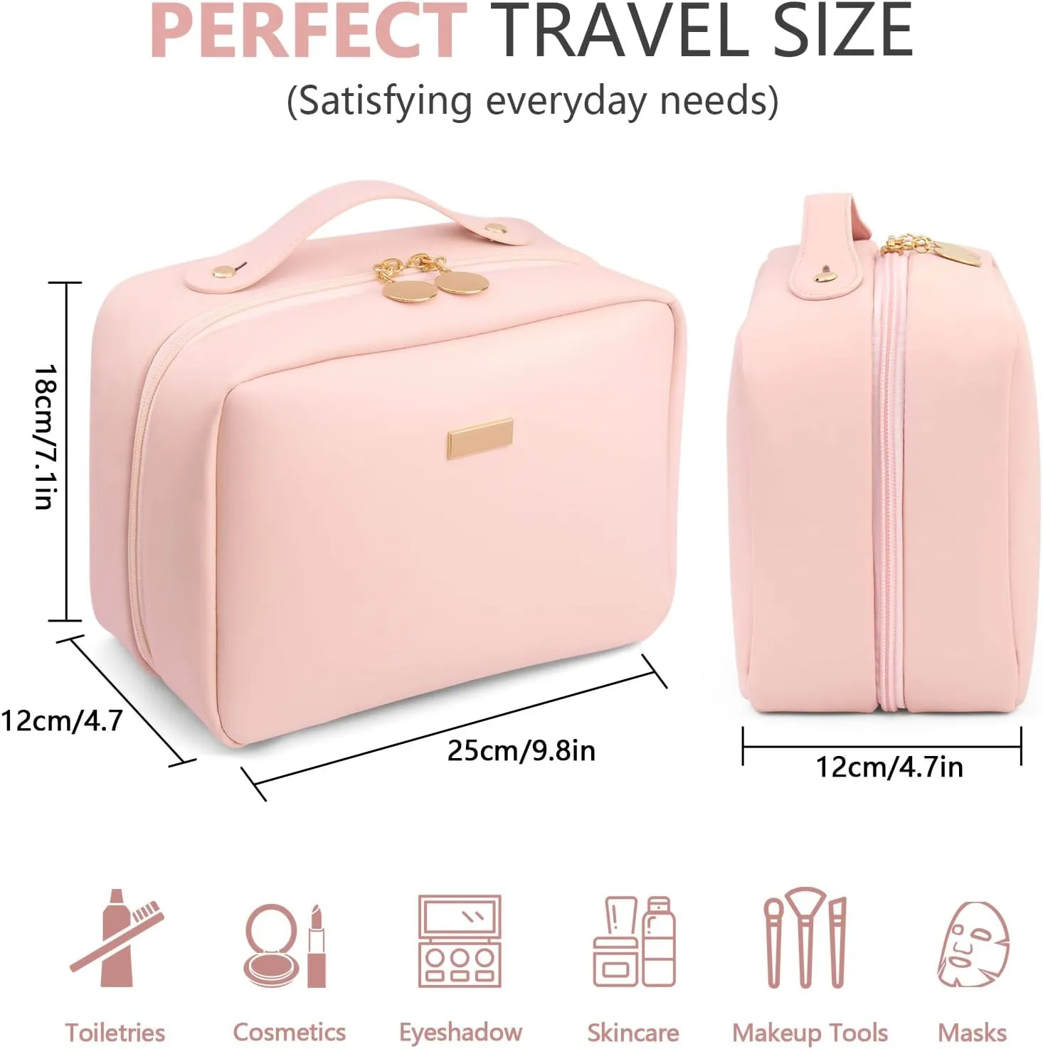 Large Makeup Bag PU Leather Cosmetic Bags for Women Makeup Organizer Bag Open Flat Toiletry Bag,Pink