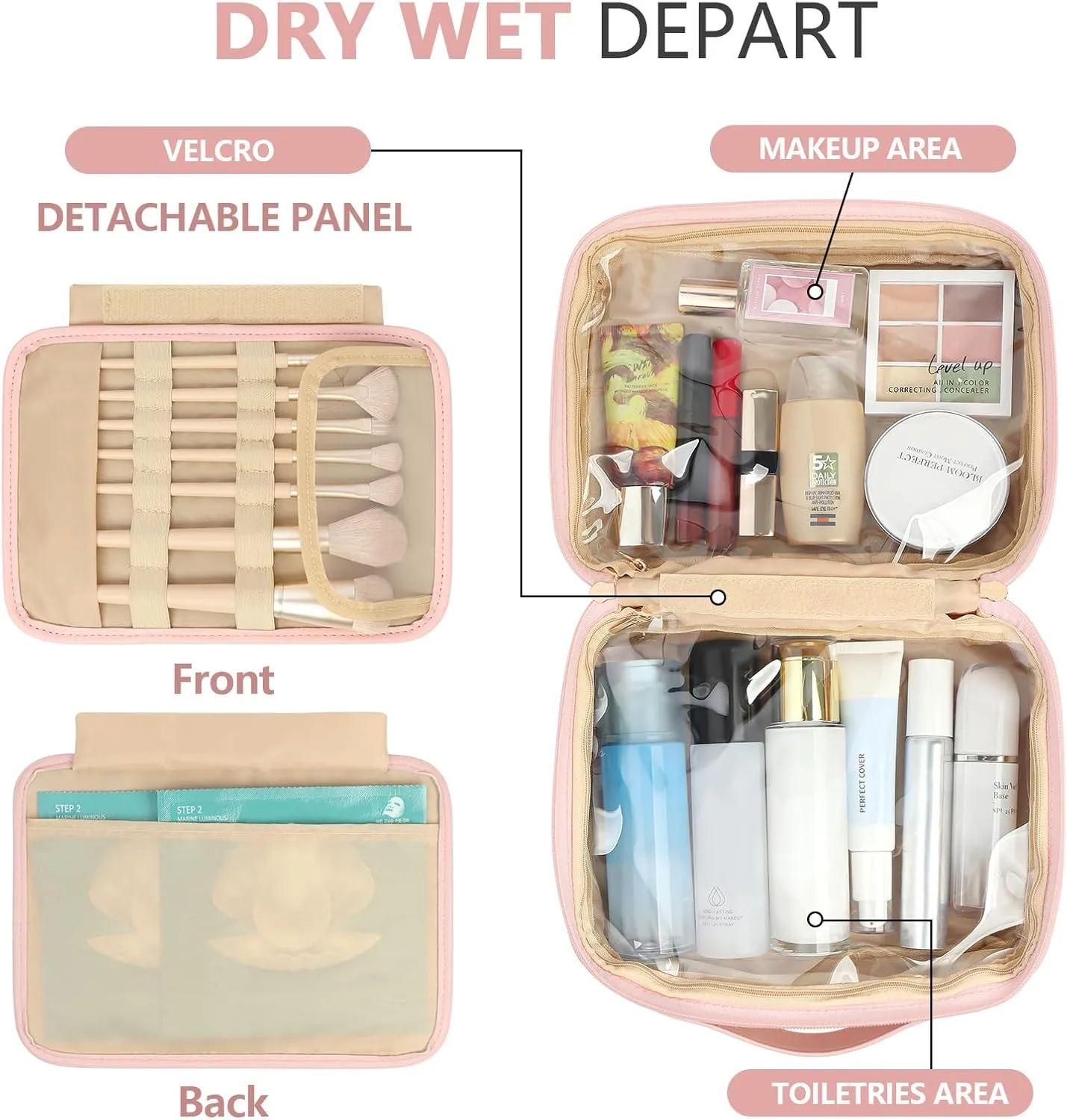 Large Makeup Bag PU Leather Cosmetic Bags for Women Makeup Organizer Bag Open Flat Toiletry Bag,Pink