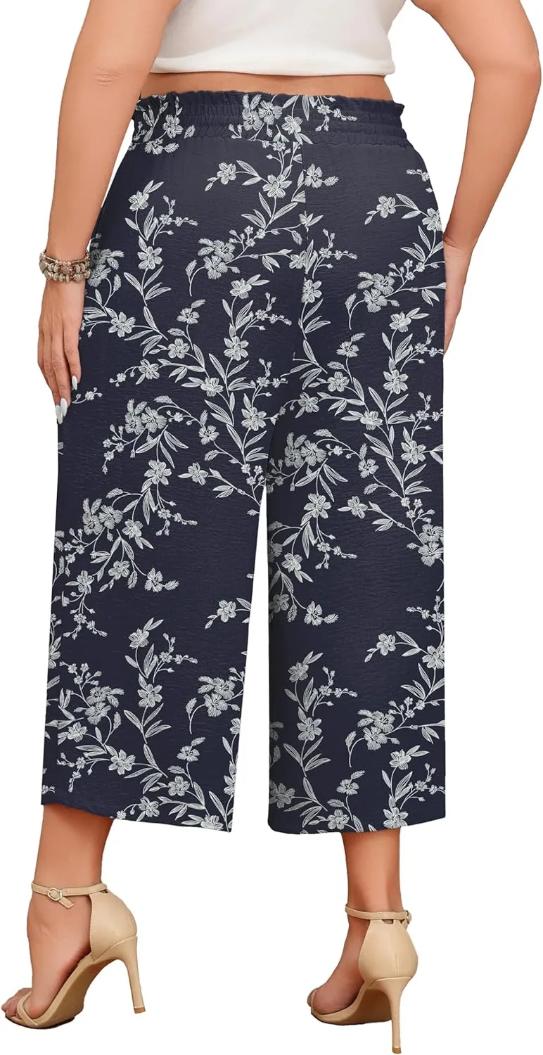 Lastshe Women's Plus Size Wide Leg Capri Pants Loose High Waist Lounge Pants Drawstring Casual Palazzo Trousers with Pockets
