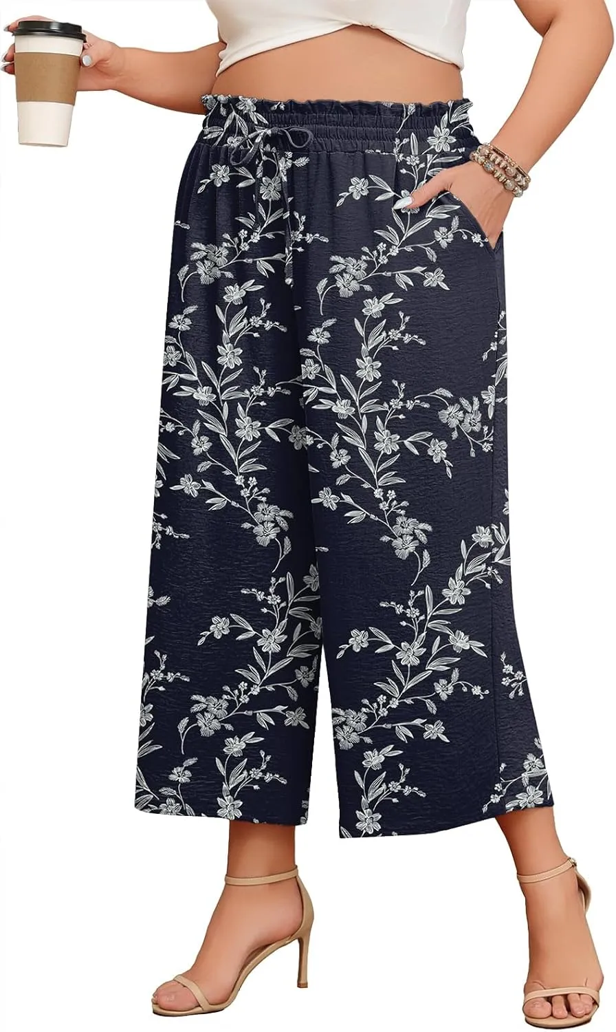 Lastshe Women's Plus Size Wide Leg Capri Pants Loose High Waist Lounge Pants Drawstring Casual Palazzo Trousers with Pockets