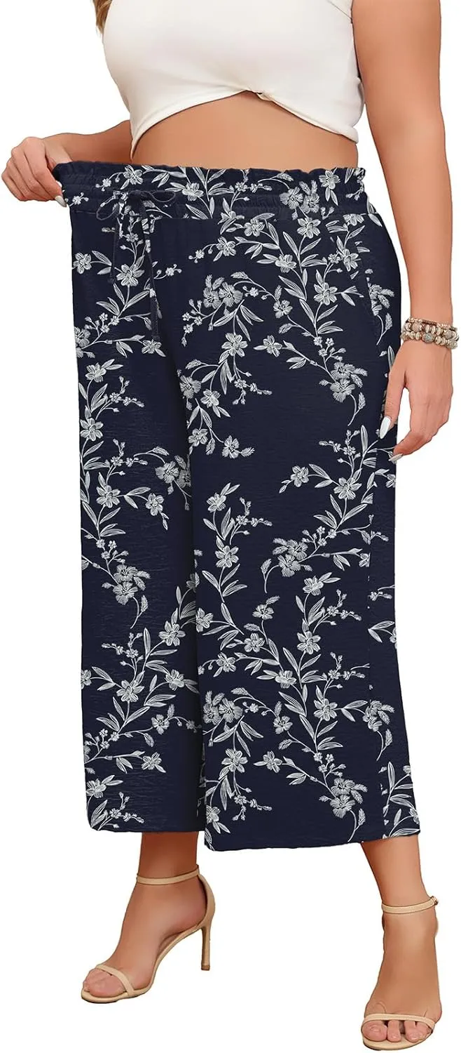 Lastshe Women's Plus Size Wide Leg Capri Pants Loose High Waist Lounge Pants Drawstring Casual Palazzo Trousers with Pockets