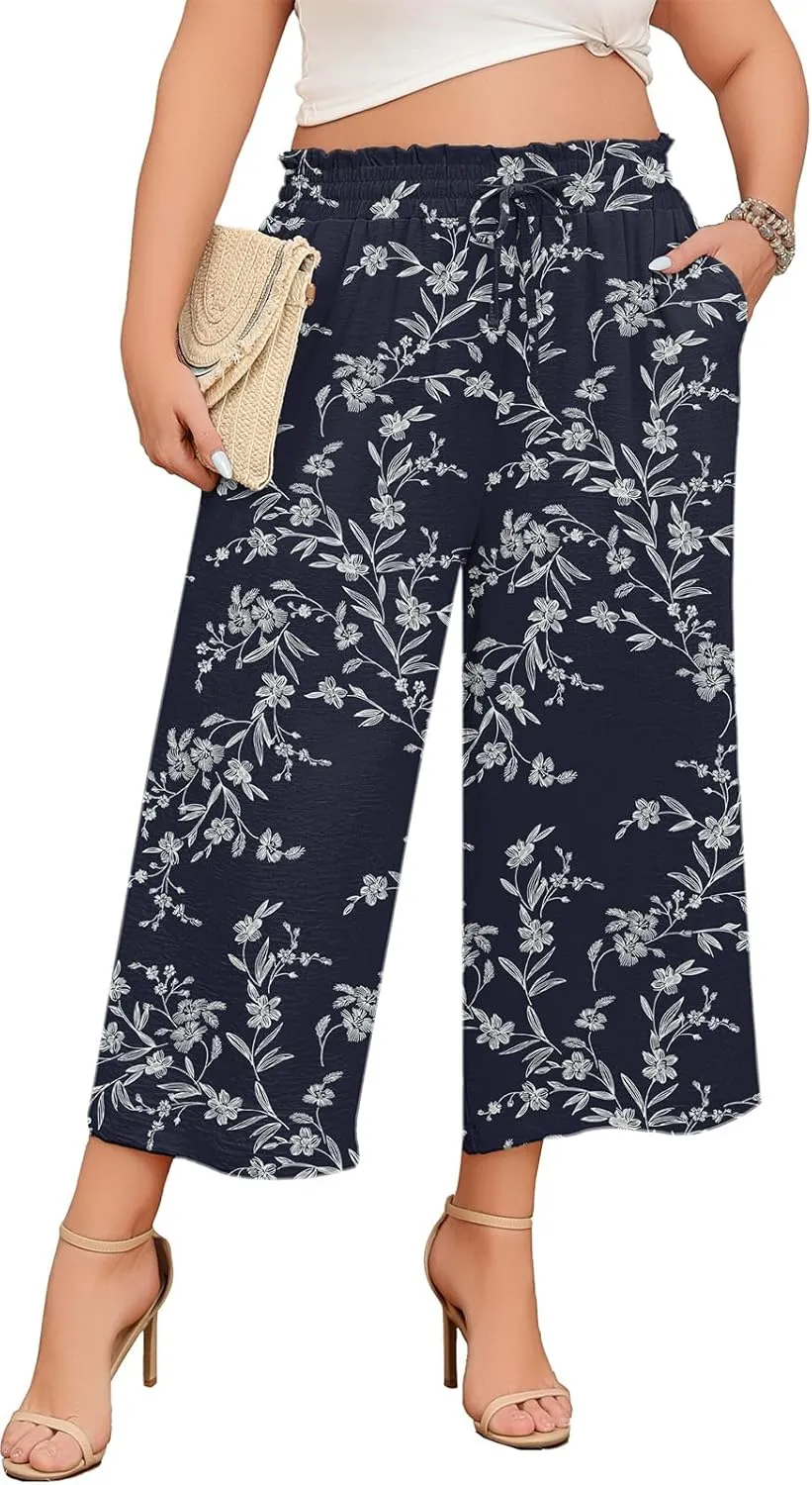 Lastshe Women's Plus Size Wide Leg Capri Pants Loose High Waist Lounge Pants Drawstring Casual Palazzo Trousers with Pockets