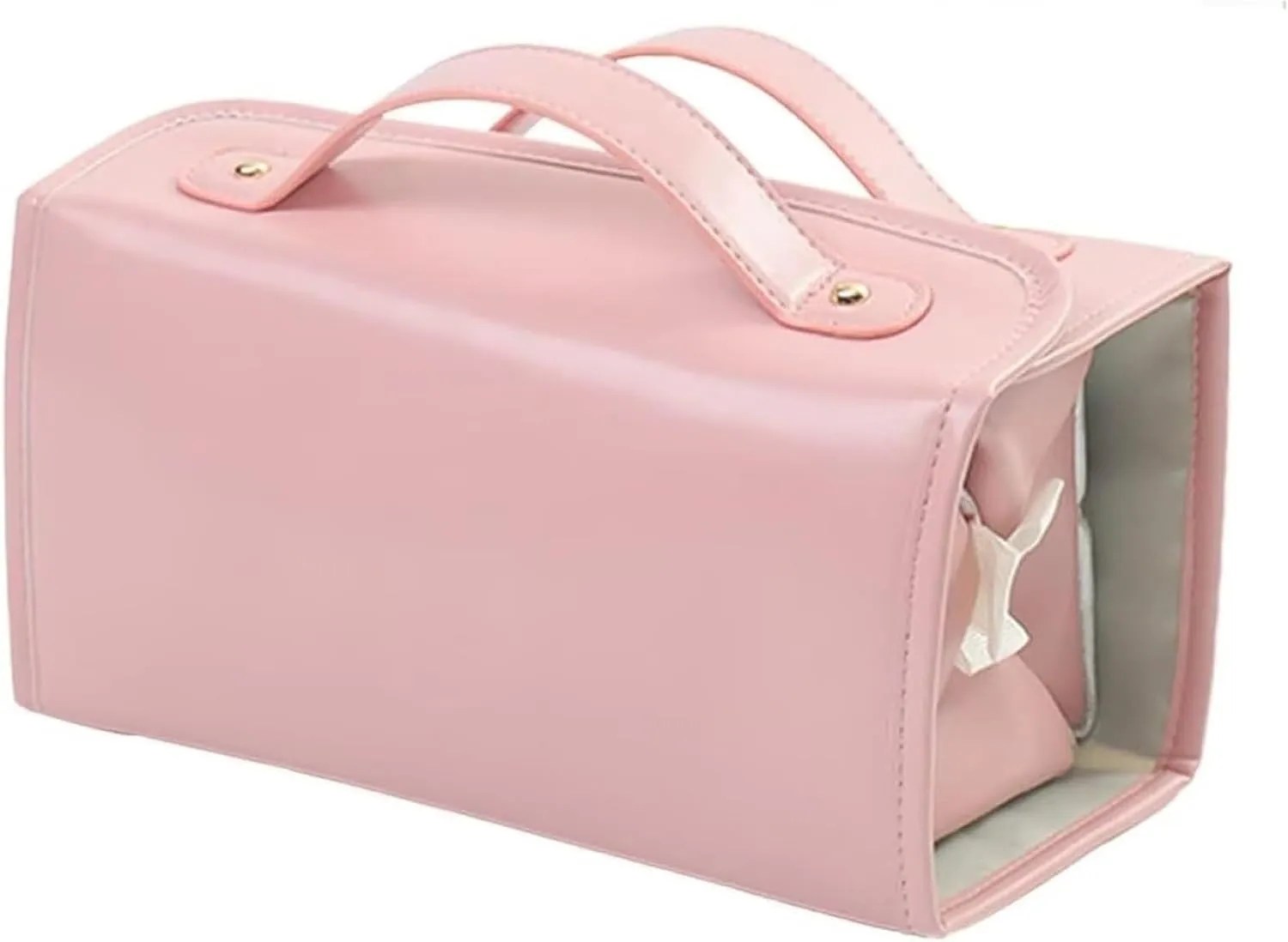 Leather Waterproof Cosmetic Bag - 4-in-1 Travel Toiletry Organizer with Detachable Clear Compartments, Foldable Hanging Makeup Bag, Compact and Durable Design for Women & Men (Pink)