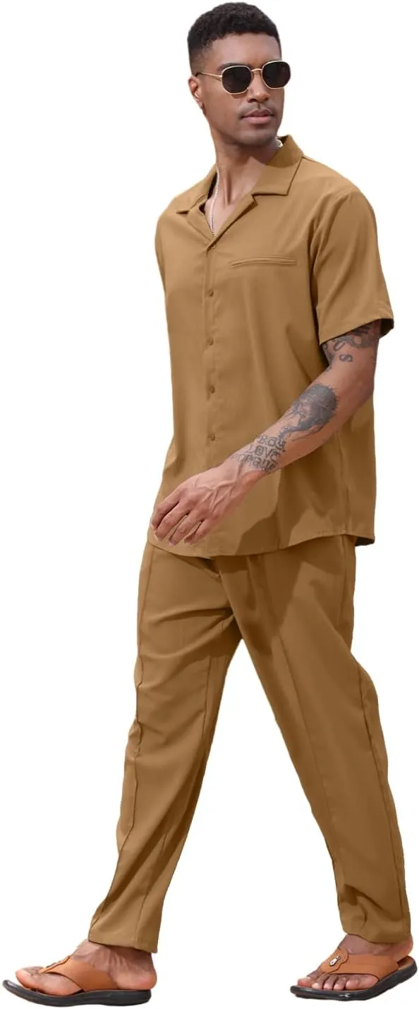 Lexiart 2 Piece Set for Men Beach Outfits Cuban Collar Button Down Shirt Darwstring Pants