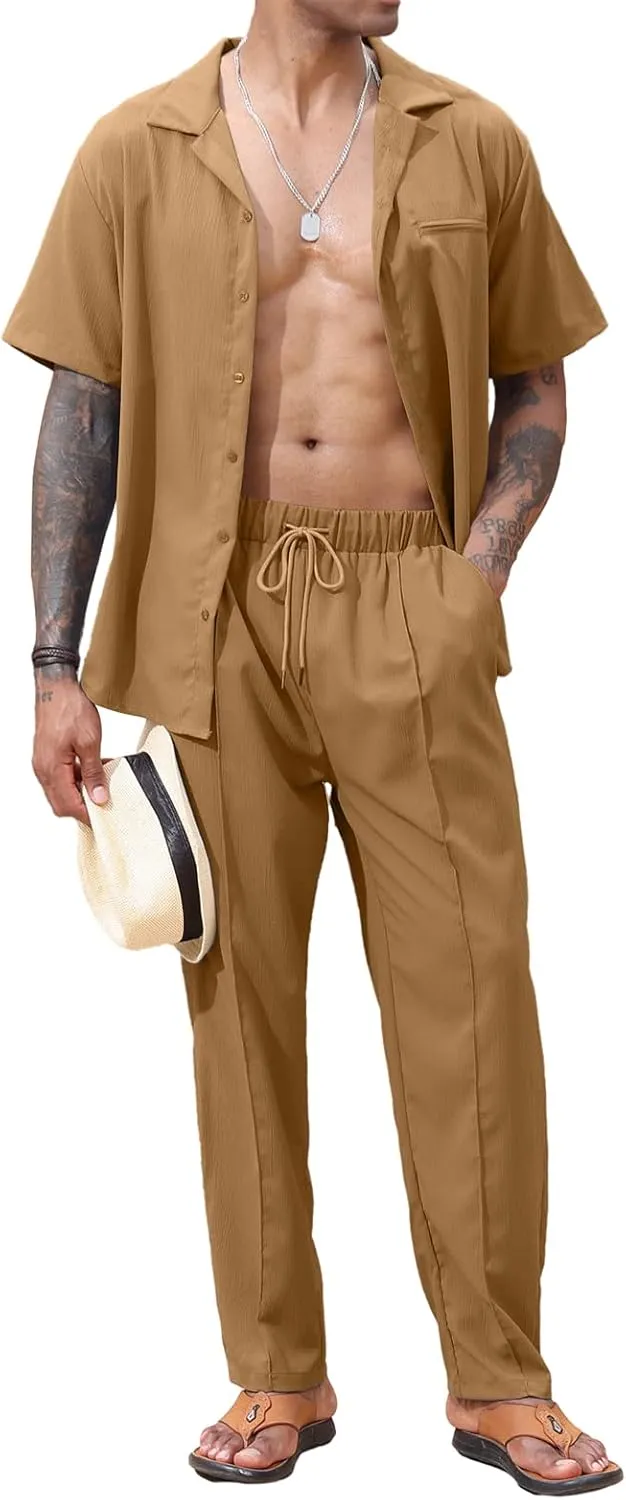 Lexiart 2 Piece Set for Men Beach Outfits Cuban Collar Button Down Shirt Darwstring Pants