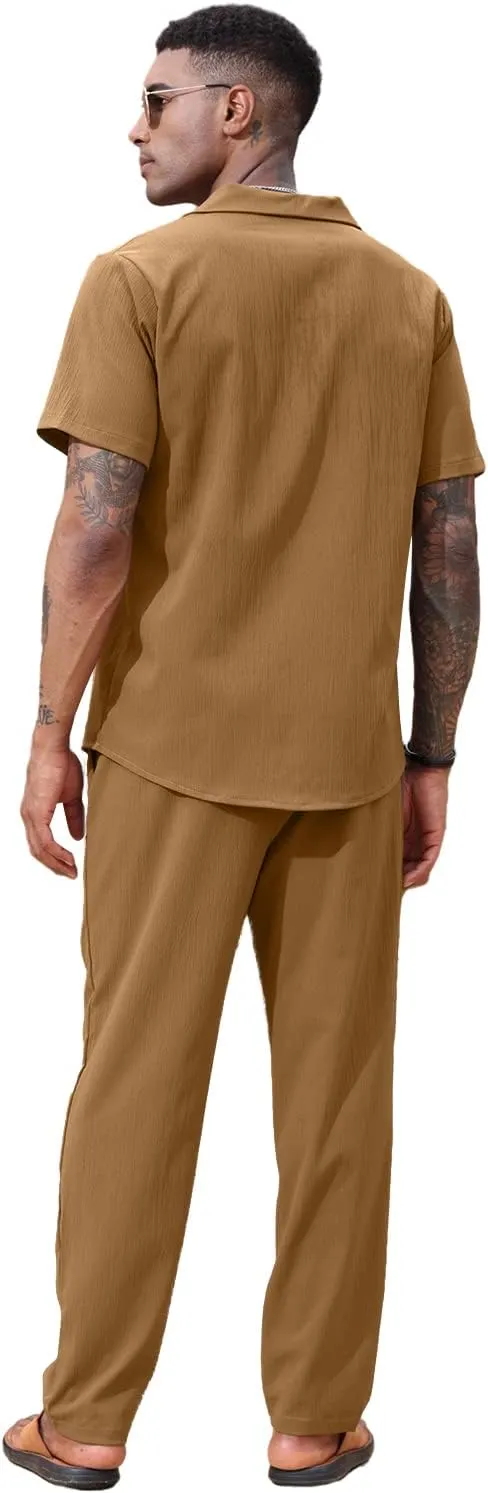 Lexiart 2 Piece Set for Men Beach Outfits Cuban Collar Button Down Shirt Darwstring Pants