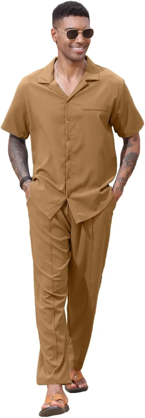 Lexiart 2 Piece Set for Men Beach Outfits Cuban Collar Button Down Shirt Darwstring Pants