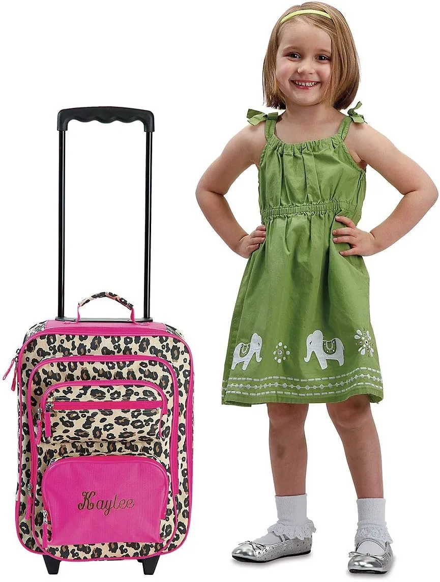 Lillian Vernon Personalized Rolling Luggage for Kids, 5-Pocket Leopard Spots Design Suitcase Set, Customizable Girls Travel Carrier on Wheels, 5.5" W x 12" L x 18" H