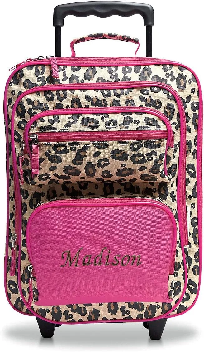 Lillian Vernon Personalized Rolling Luggage for Kids, 5-Pocket Leopard Spots Design Suitcase Set, Customizable Girls Travel Carrier on Wheels, 5.5" W x 12" L x 18" H
