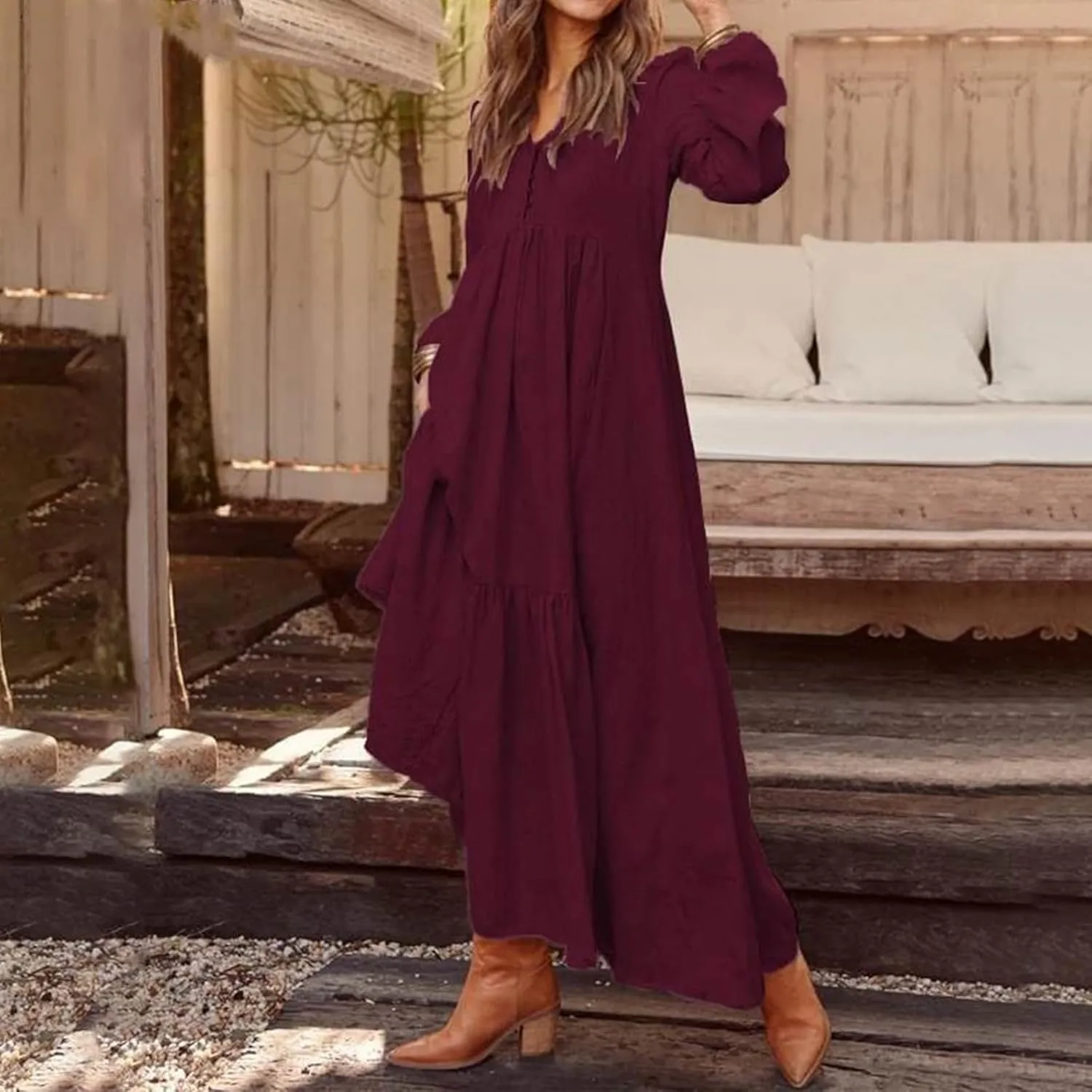 Linen Dress Women Button Front V Neck Long Sleeve Dress Pleated Tiered Ruffle Bottom Maxi Fall Dresses with Pockets