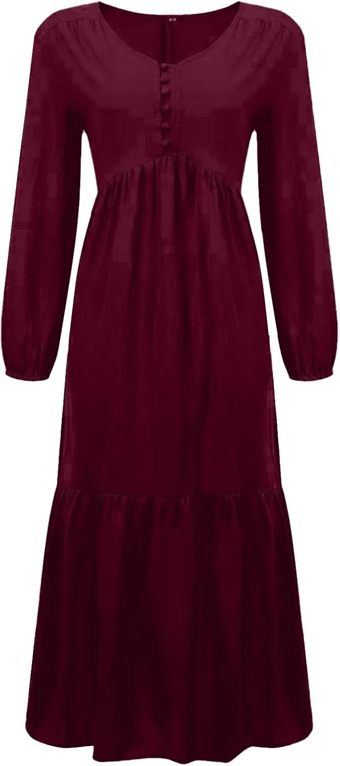 Linen Dress Women Button Front V Neck Long Sleeve Dress Pleated Tiered Ruffle Bottom Maxi Fall Dresses with Pockets