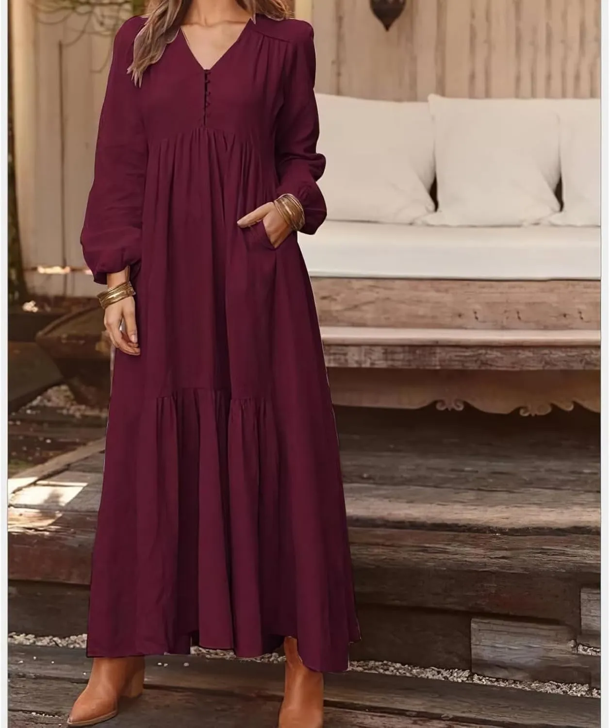 Linen Dress Women Button Front V Neck Long Sleeve Dress Pleated Tiered Ruffle Bottom Maxi Fall Dresses with Pockets
