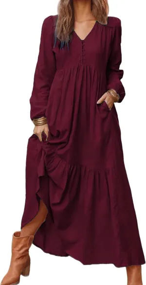 Linen Dress Women Button Front V Neck Long Sleeve Dress Pleated Tiered Ruffle Bottom Maxi Fall Dresses with Pockets