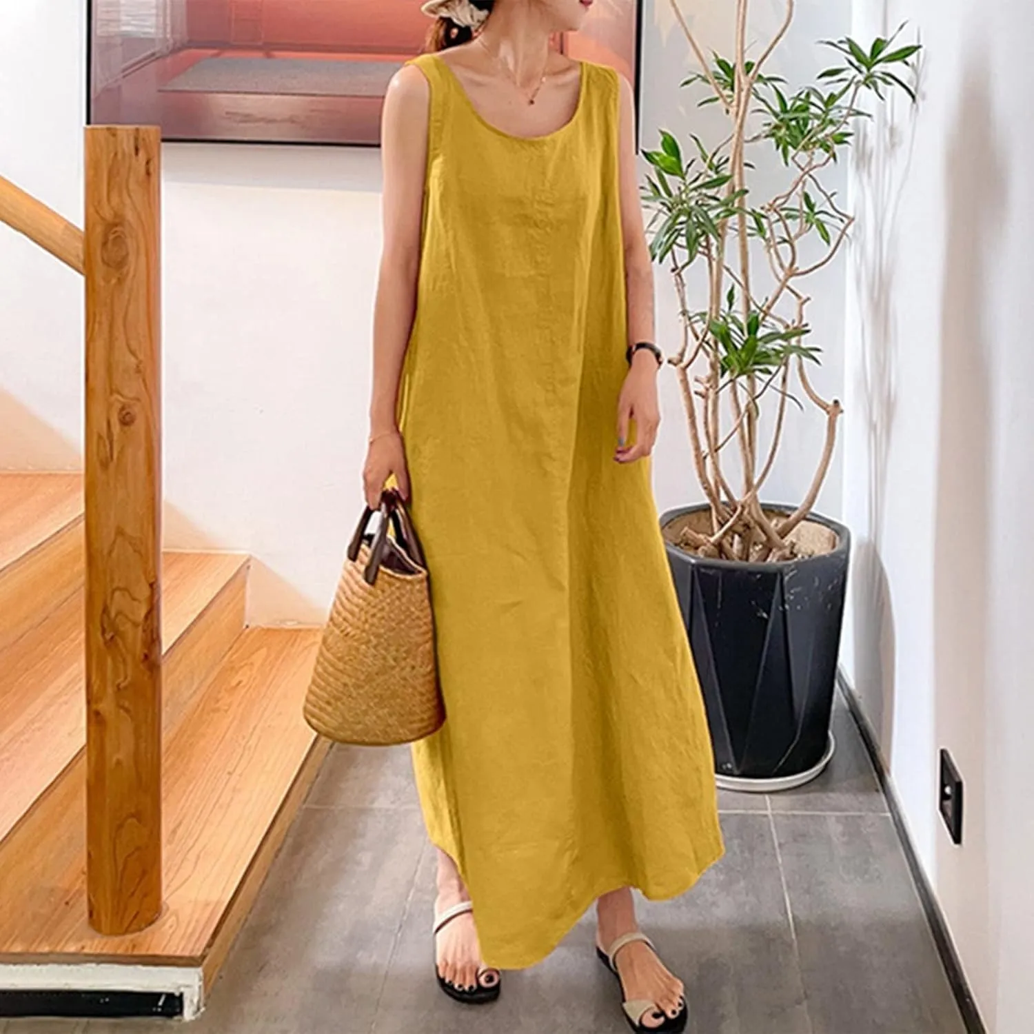 Linen Dresses for Women 2025 Plus Size Dress with Pocket Summer Casual Long Sleeve Boho Maxi Dress Sundress Clothes