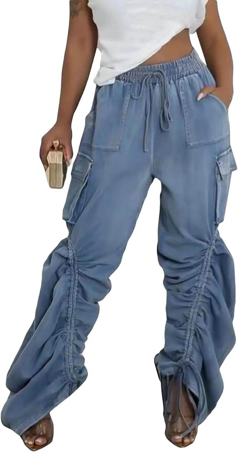 LKOUS Women's Fall Baggy Cargo Jeans,Wide Leg Drawstring Loose Harem Denim Pants with Pockets