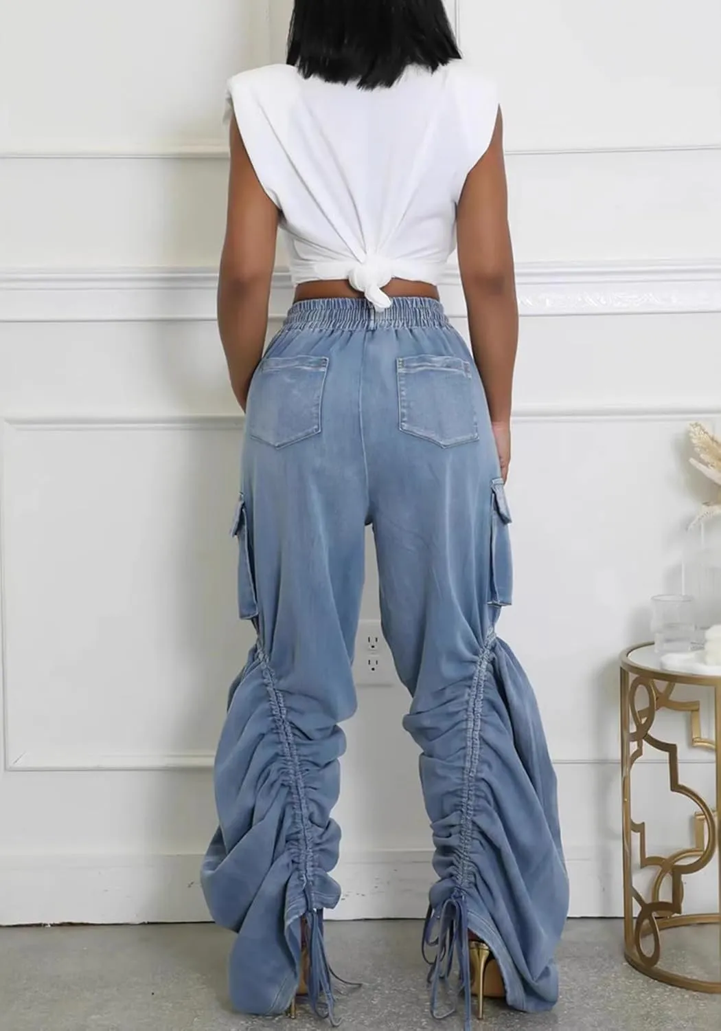 LKOUS Women's Fall Baggy Cargo Jeans,Wide Leg Drawstring Loose Harem Denim Pants with Pockets