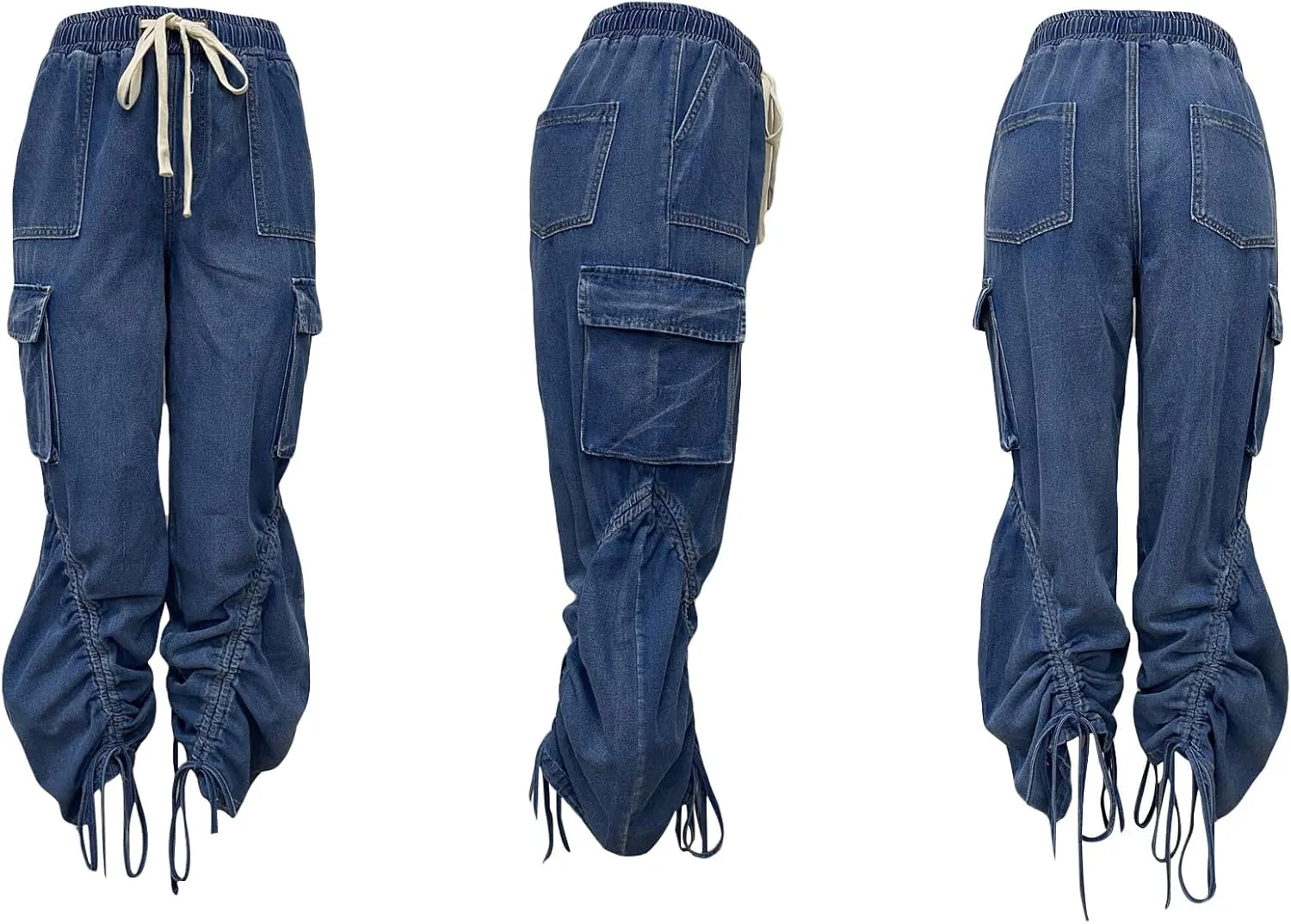 LKOUS Women's Fall Baggy Cargo Jeans,Wide Leg Drawstring Loose Harem Denim Pants with Pockets