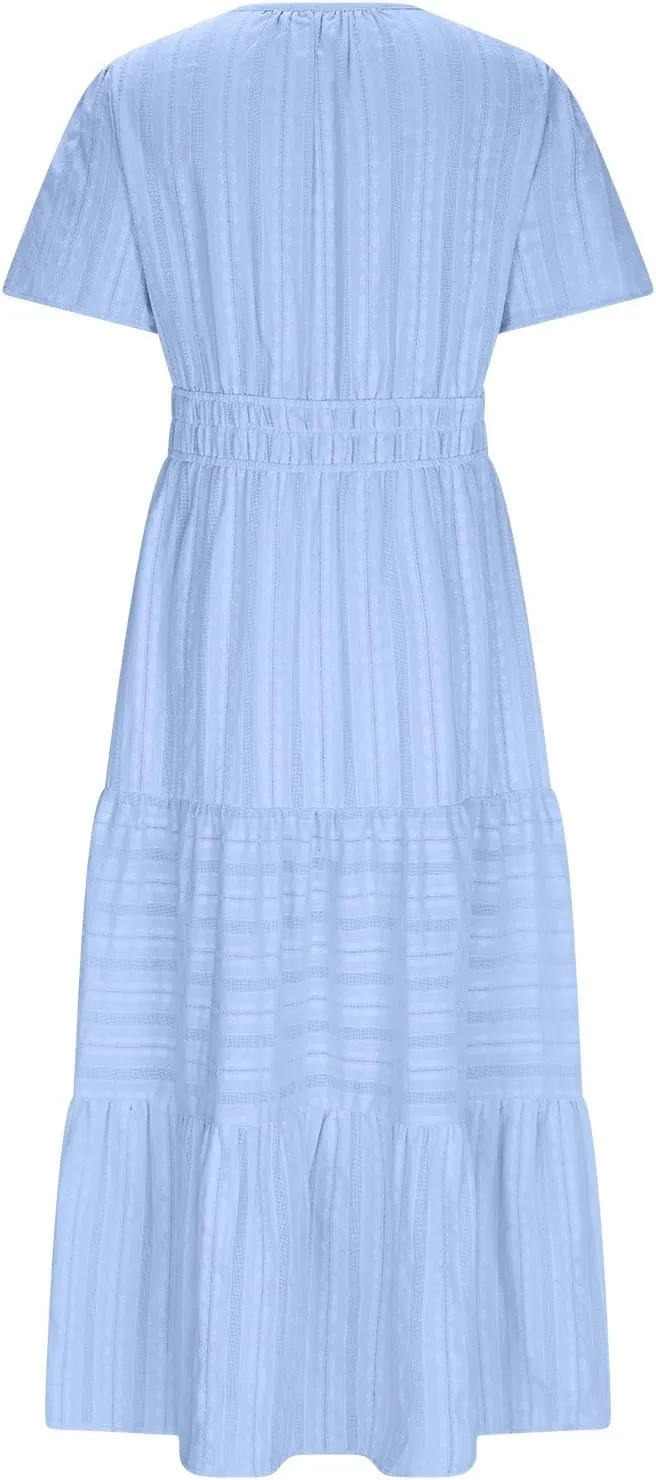 Lmdudan 2025 Womens Summer Casual Midi Maxi Dresses Lightweight Short Sleeve V Neck Elastic Waist Boho Beach Dress Sundress