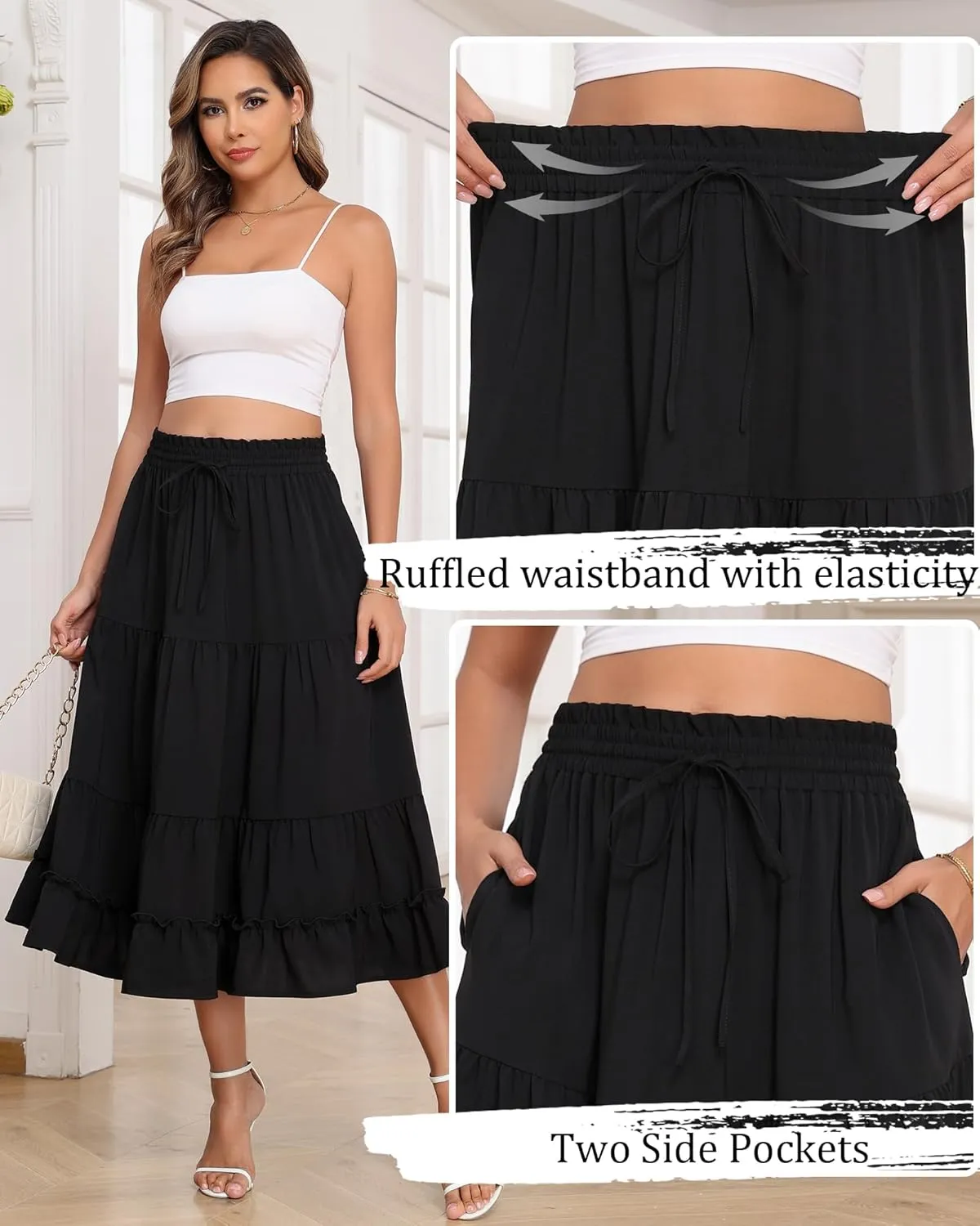 LOUSGUTA Women's Midi Skirt Flowy Ruffle Tiered High Elastic Waist Casual Skirts with Pockets