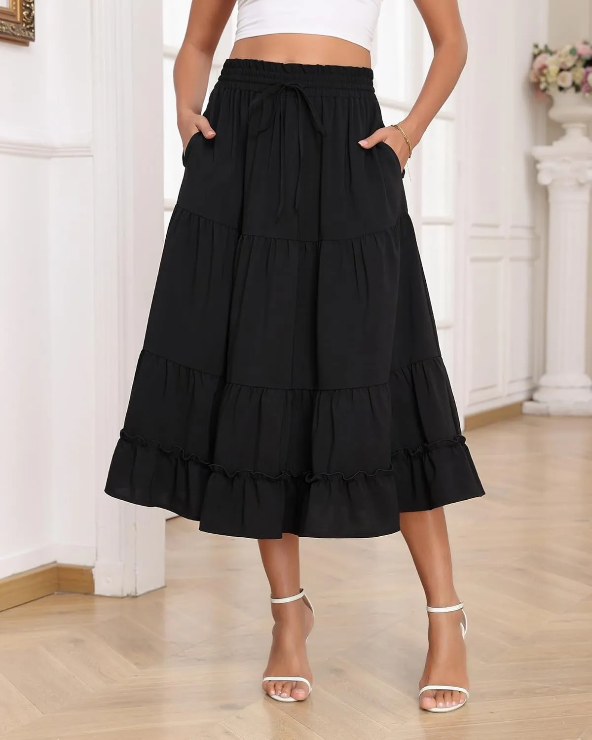 LOUSGUTA Women's Midi Skirt Flowy Ruffle Tiered High Elastic Waist Casual Skirts with Pockets