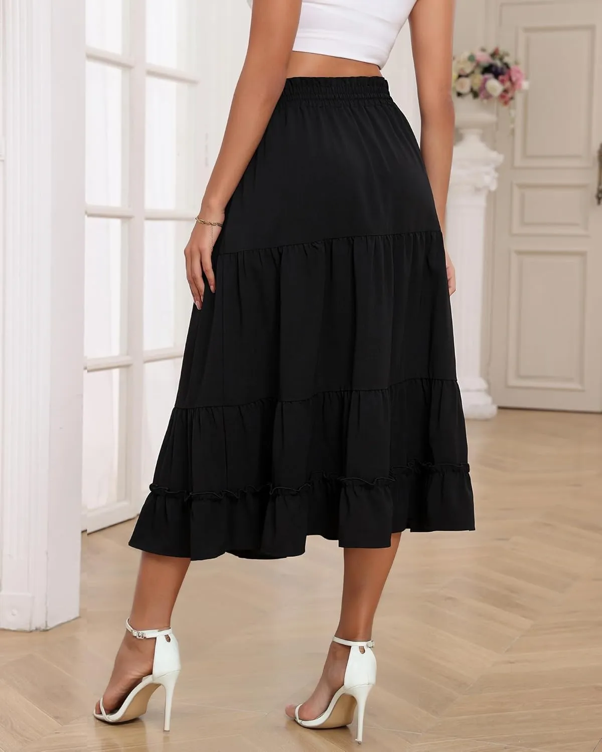 LOUSGUTA Women's Midi Skirt Flowy Ruffle Tiered High Elastic Waist Casual Skirts with Pockets