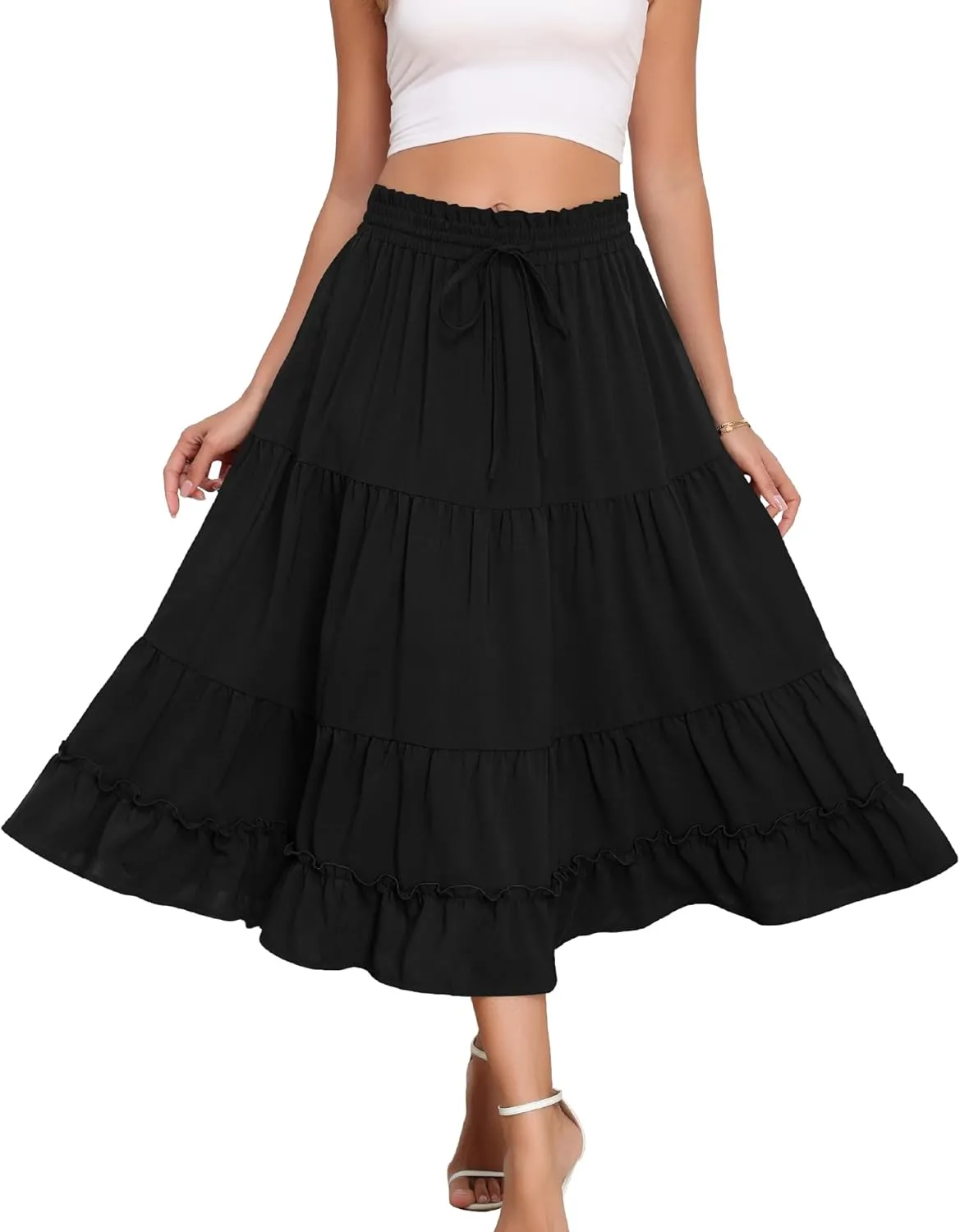 LOUSGUTA Women's Midi Skirt Flowy Ruffle Tiered High Elastic Waist Casual Skirts with Pockets