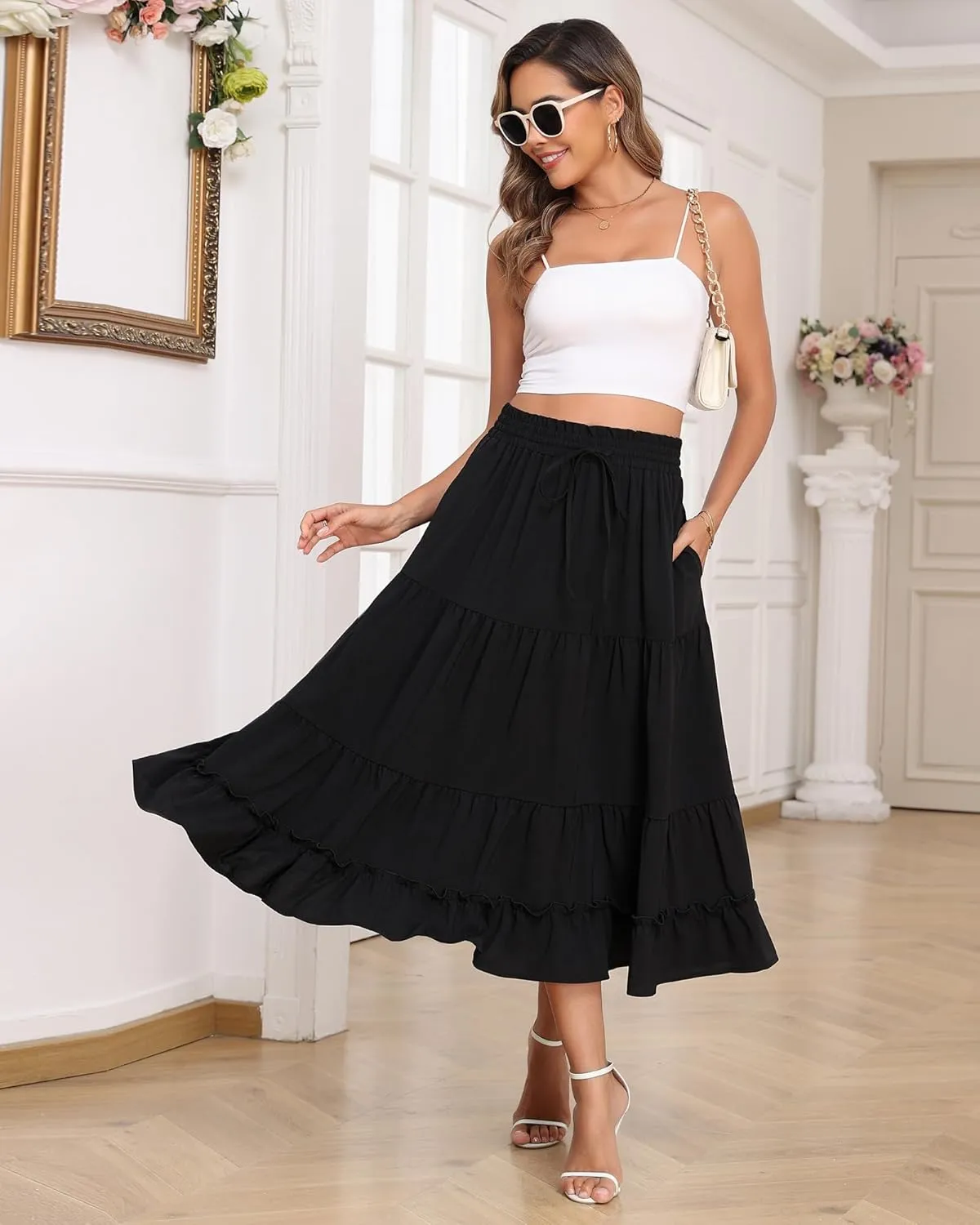 LOUSGUTA Women's Midi Skirt Flowy Ruffle Tiered High Elastic Waist Casual Skirts with Pockets