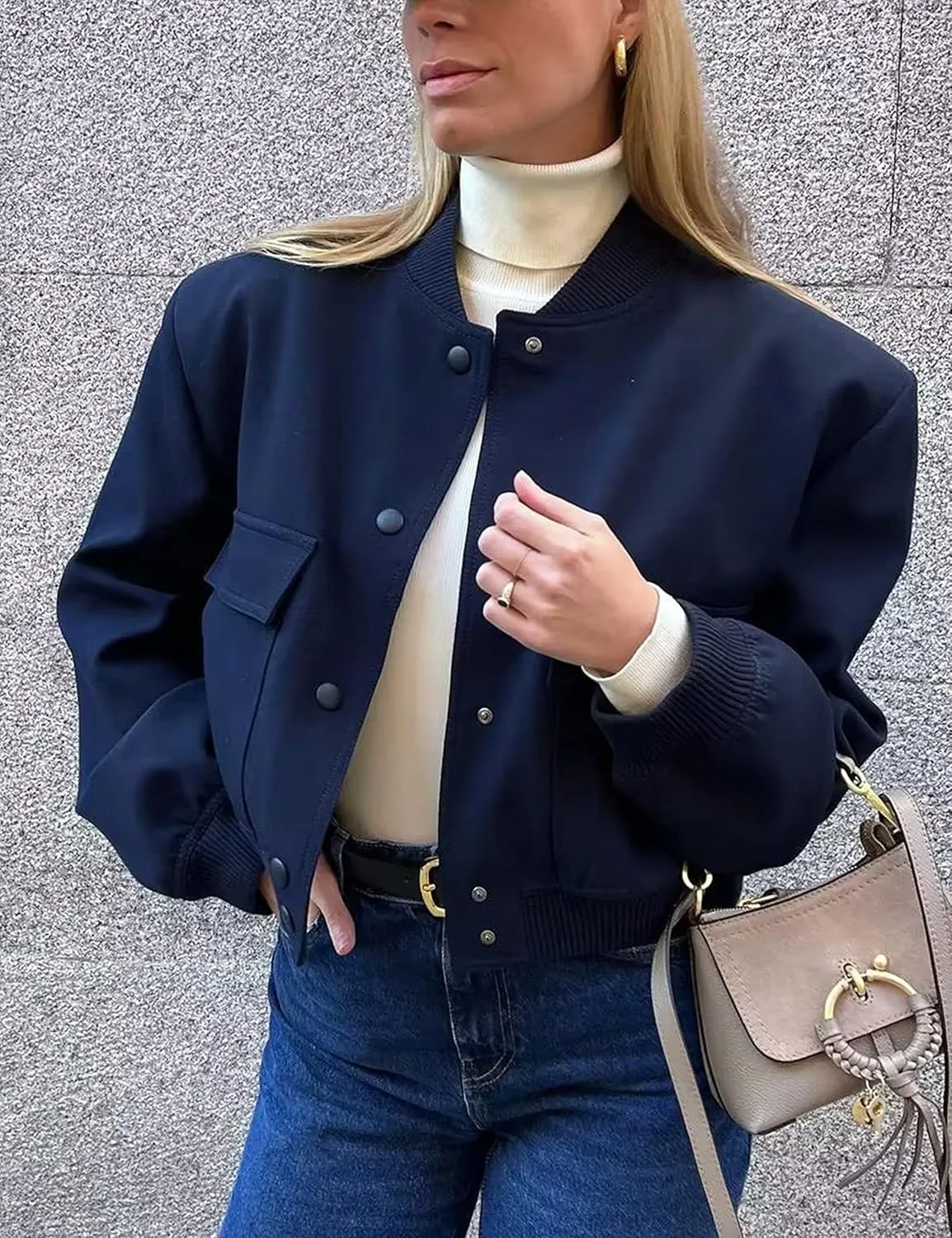 Lumister Women's Fashion Cropped Button Down Lightweight Cropped Bomber Jacket Varsity Shacket with Side Pockets