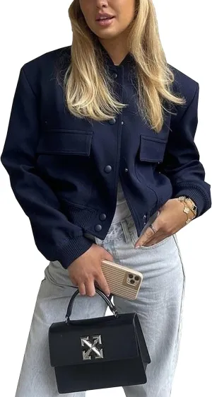 Lumister Women's Fashion Cropped Button Down Lightweight Cropped Bomber Jacket Varsity Shacket with Side Pockets