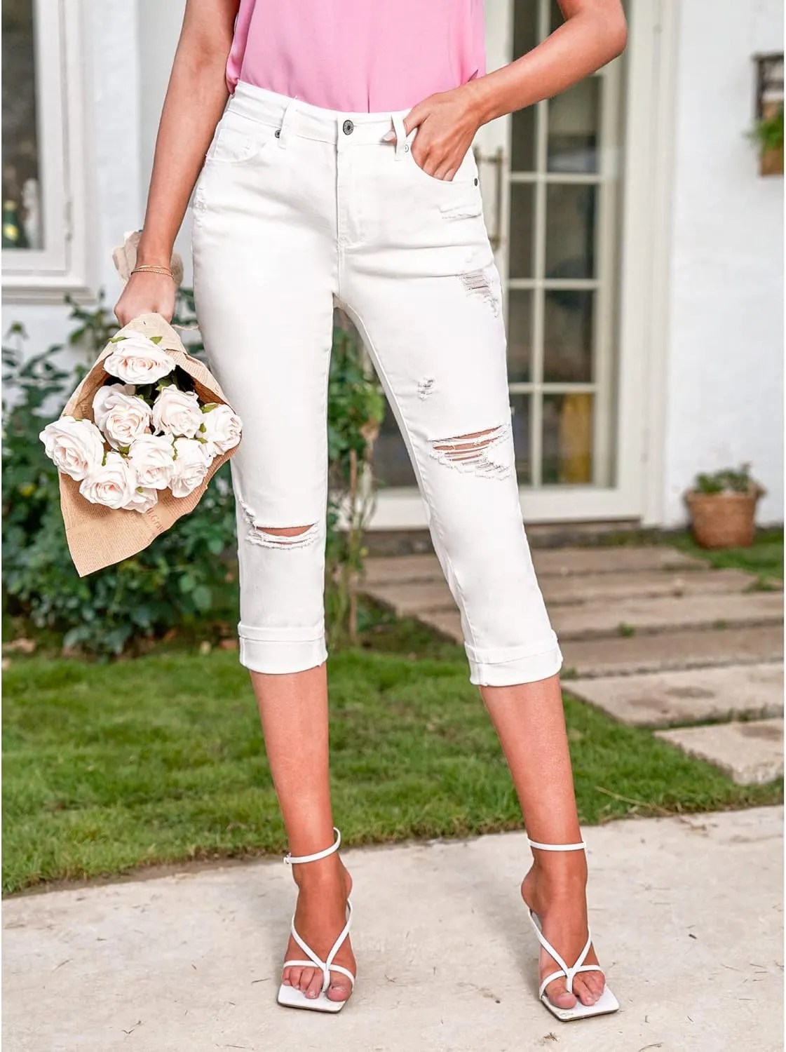 luvamia Capri Jeans for Women Stretch High Waisted Distressed Denim Capris Ripped Skinny Cropped Pants