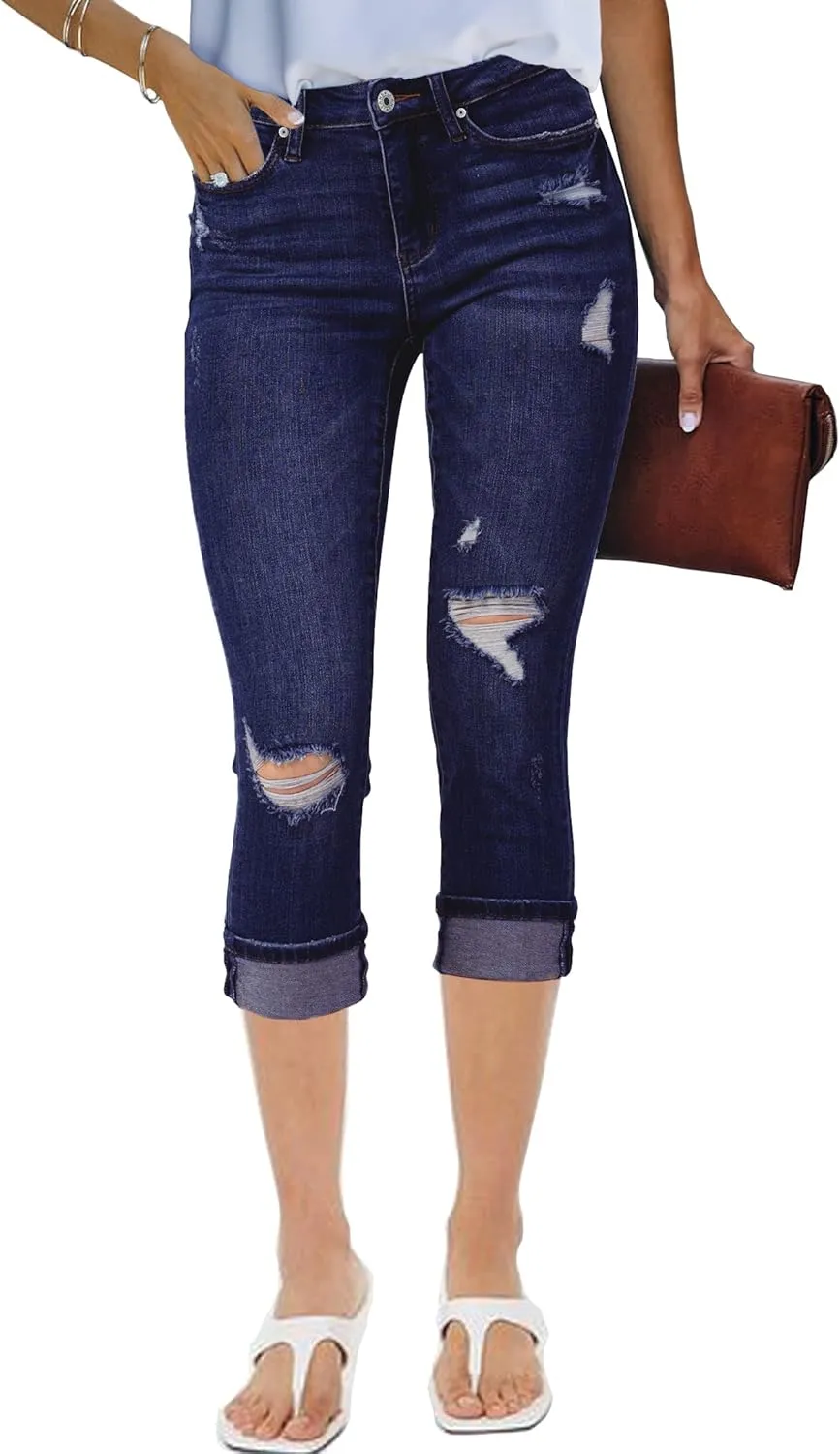 luvamia Capri Jeans for Women Stretch High Waisted Distressed Denim Capris Ripped Skinny Cropped Pants