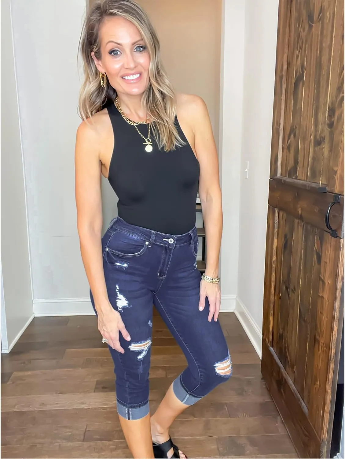 luvamia Capri Jeans for Women Stretch High Waisted Distressed Denim Capris Ripped Skinny Cropped Pants