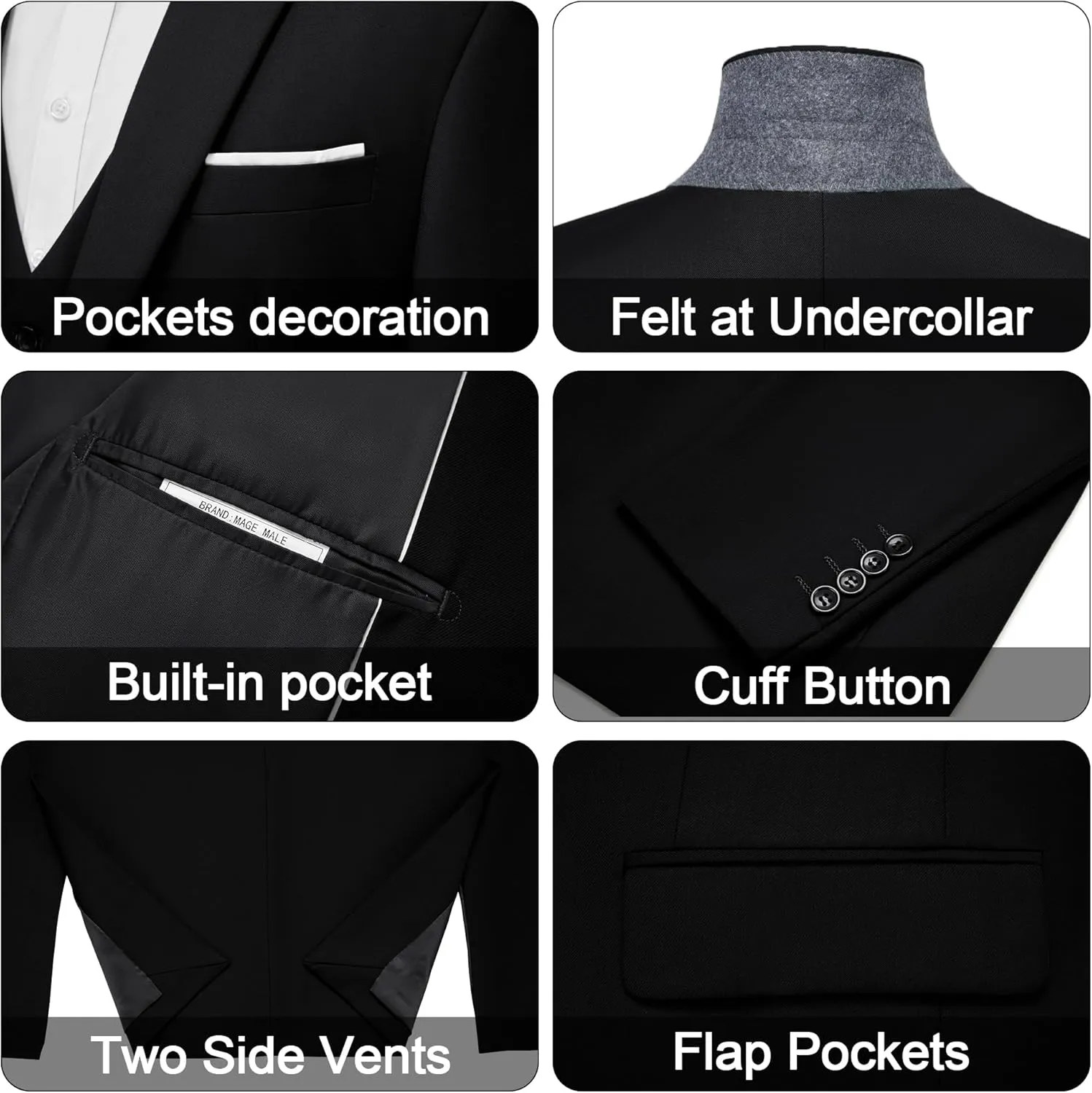 MAGE MALE Men's 3 Pieces Suit Elegant Solid One Button Slim Fit Single Breasted Party Blazer Vest Pants Set