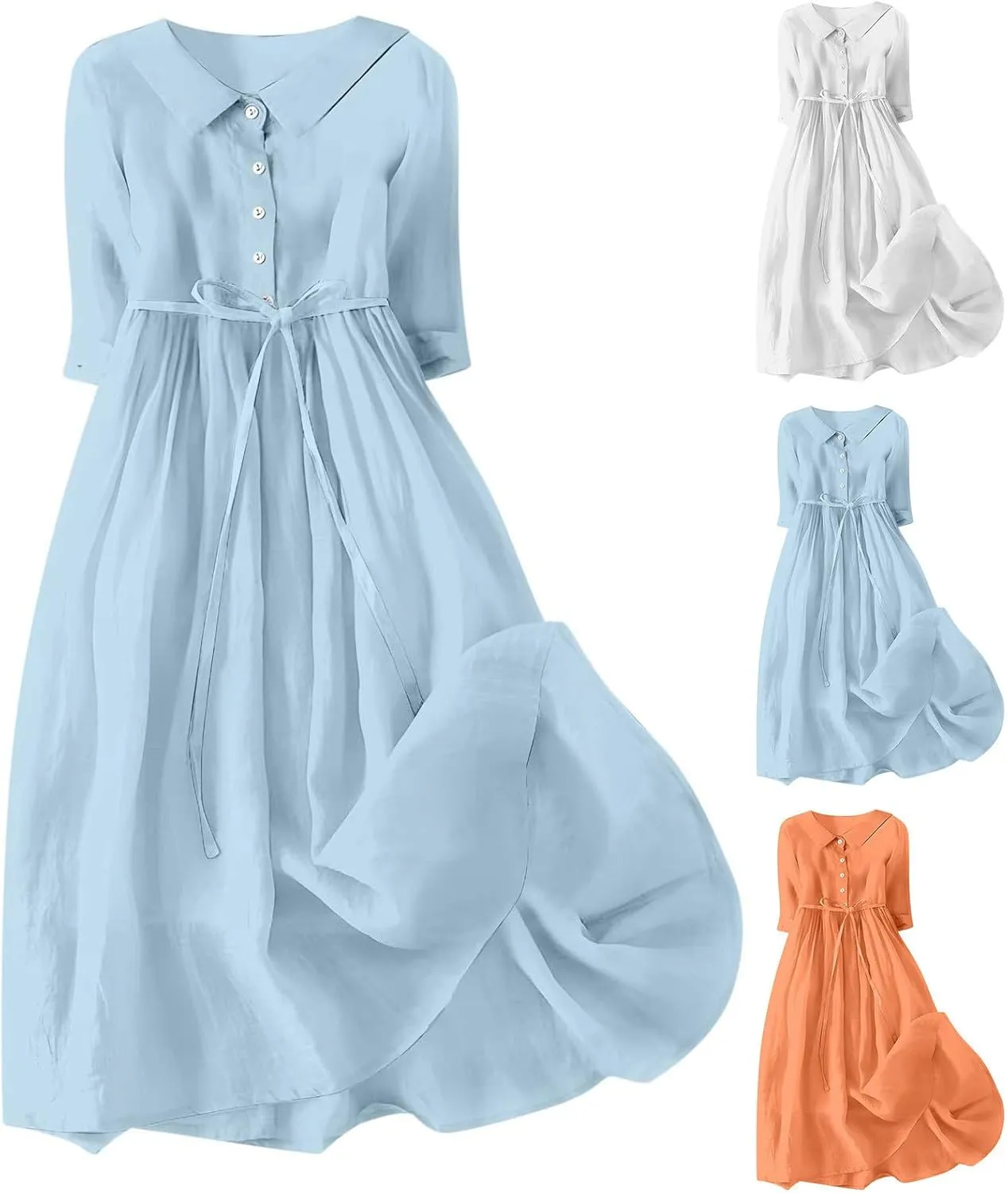 maisdgop Maxi Dresses for Women 2025 Casual Boho Solid Color Cotton Linen Lace up Sundress Fashion Lapel Neck Flowy Dress