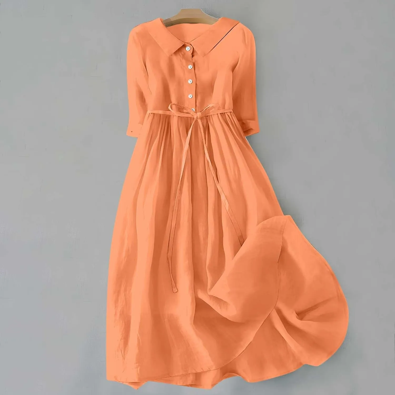 maisdgop Maxi Dresses for Women 2025 Casual Boho Solid Color Cotton Linen Lace up Sundress Fashion Lapel Neck Flowy Dress