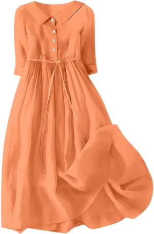 maisdgop Maxi Dresses for Women 2025 Casual Boho Solid Color Cotton Linen Lace up Sundress Fashion Lapel Neck Flowy Dress