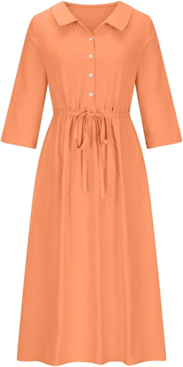 maisdgop Maxi Dresses for Women 2025 Casual Boho Solid Color Cotton Linen Lace up Sundress Fashion Lapel Neck Flowy Dress