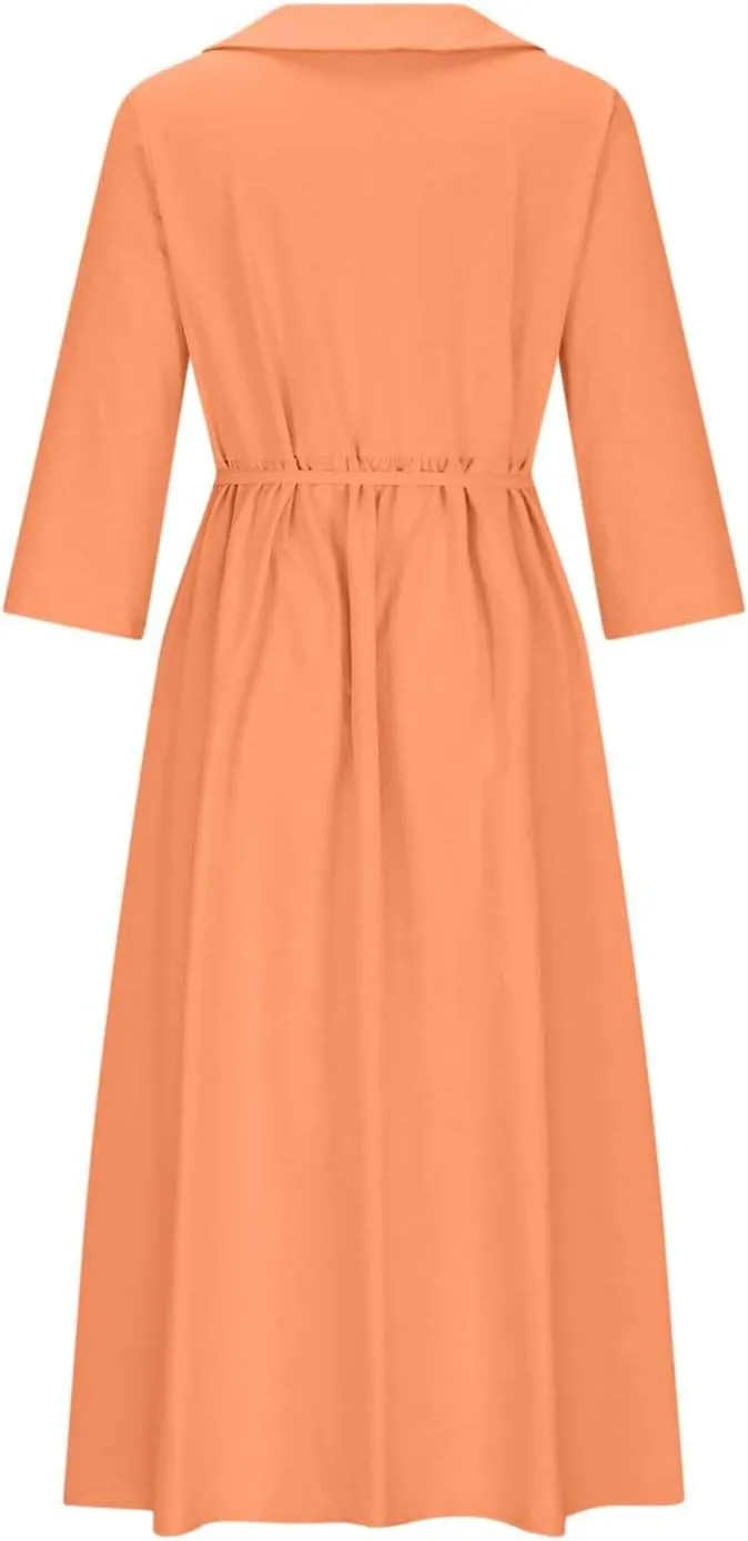 maisdgop Maxi Dresses for Women 2025 Casual Boho Solid Color Cotton Linen Lace up Sundress Fashion Lapel Neck Flowy Dress
