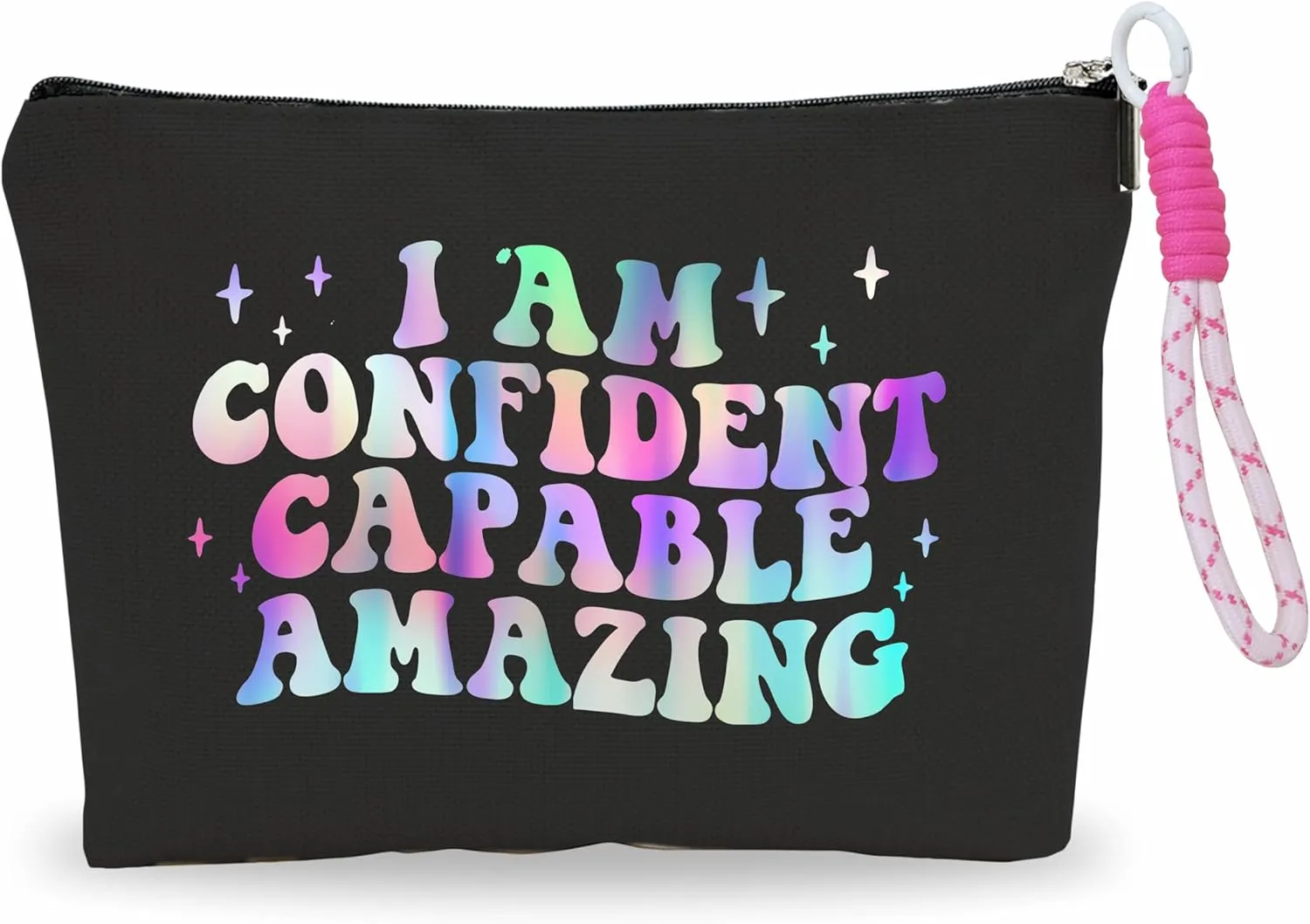 Make up Bag For Women,Cosmetic Bag With Pink Hand Strap,I Am Confident Capable Amazing,Travel Toiletry Bag,Stuff Bag,Positive Gift For Friends Girls,Women Essentials -A29