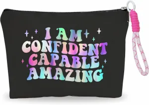 Make up Bag For Women,Cosmetic Bag With Pink Hand Strap,I Am Confident Capable Amazing,Travel Toiletry Bag,Stuff Bag,Positive Gift For Friends Girls,Women Essentials -A29