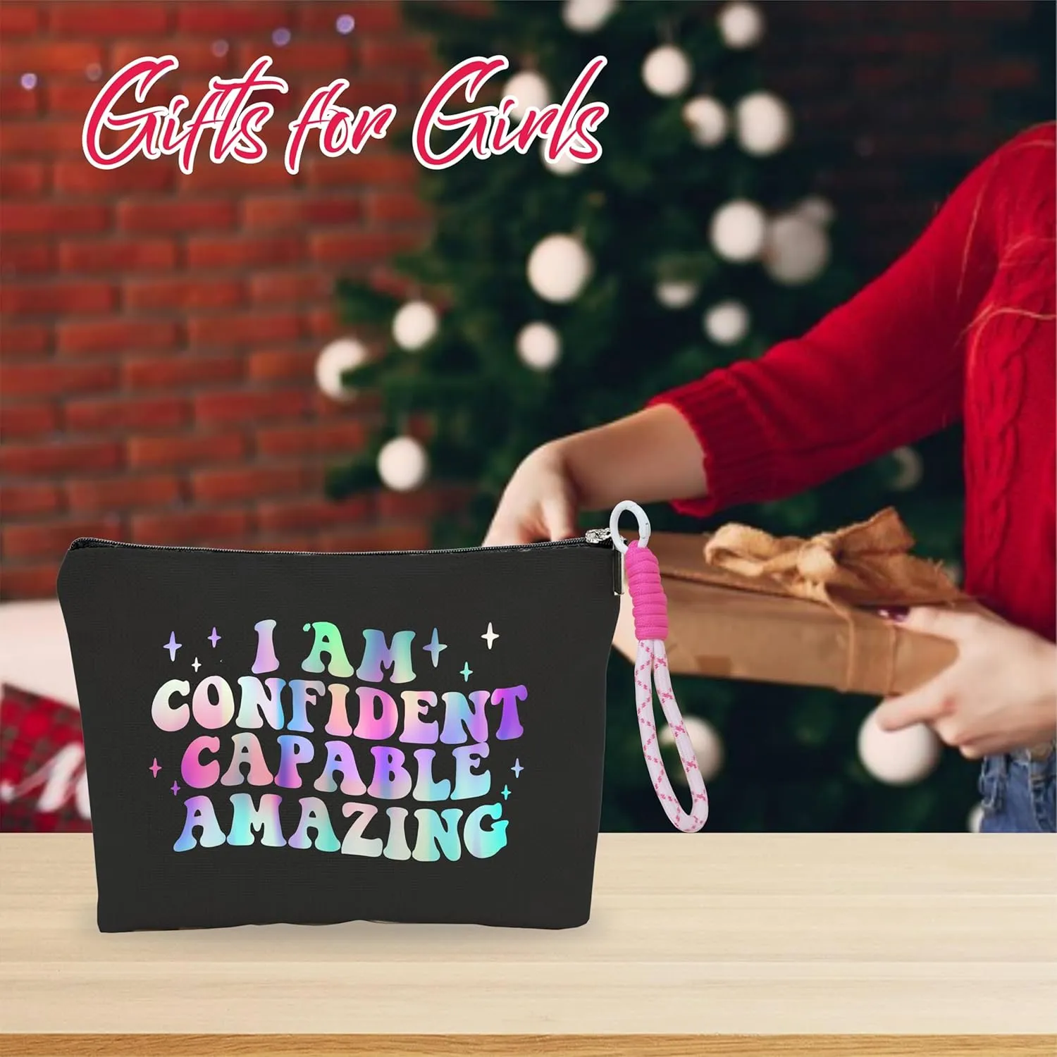 Make up Bag For Women,Cosmetic Bag With Pink Hand Strap,I Am Confident Capable Amazing,Travel Toiletry Bag,Stuff Bag,Positive Gift For Friends Girls,Women Essentials -A29