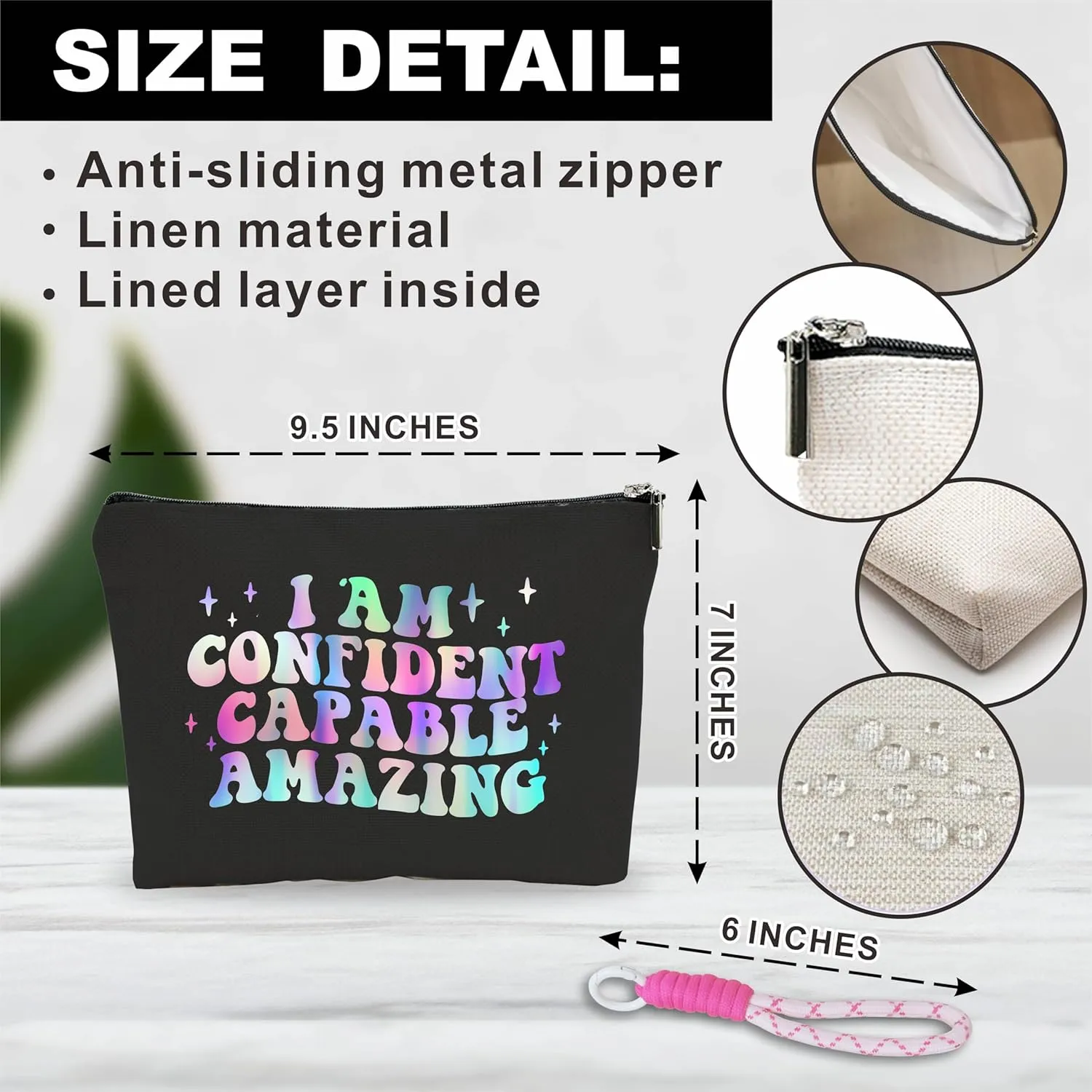 Make up Bag For Women,Cosmetic Bag With Pink Hand Strap,I Am Confident Capable Amazing,Travel Toiletry Bag,Stuff Bag,Positive Gift For Friends Girls,Women Essentials -A29