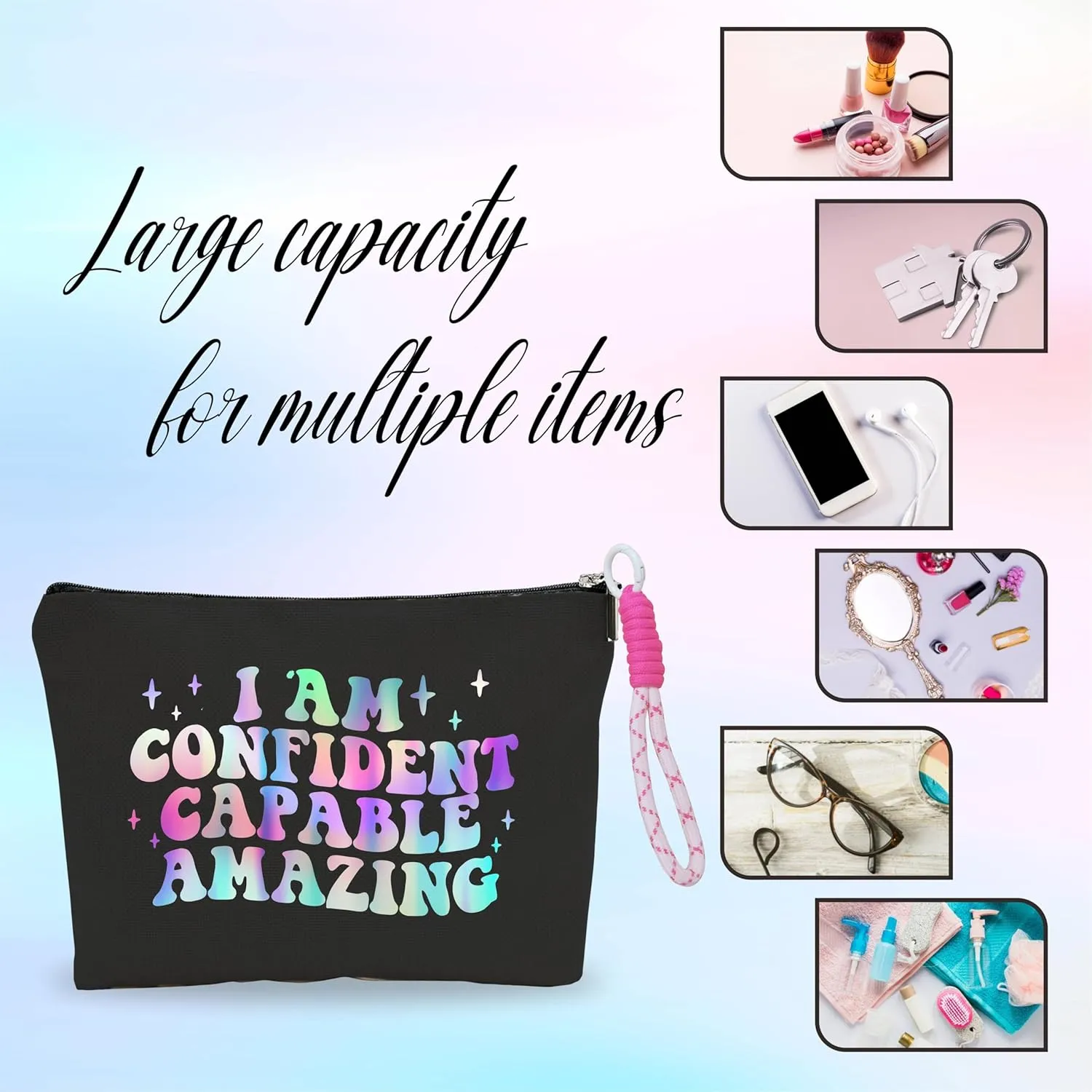 Make up Bag For Women,Cosmetic Bag With Pink Hand Strap,I Am Confident Capable Amazing,Travel Toiletry Bag,Stuff Bag,Positive Gift For Friends Girls,Women Essentials -A29