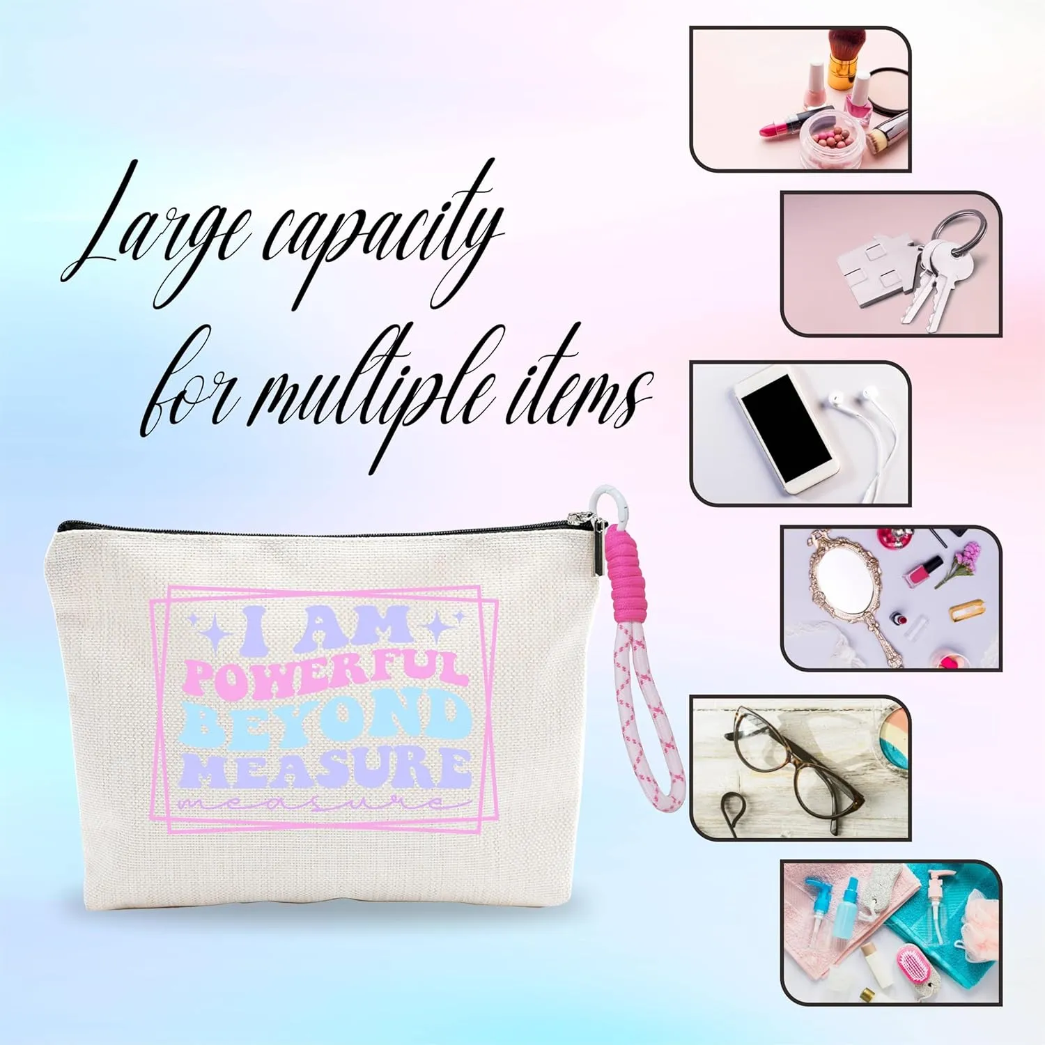 Make Up Bags For Women,Cosmetic Bag With Pink Hand Strap,I Am Powerful Beyond Measure,Small Skin Care Bag,Travel Toiletry Bag,Positive Gift For Girl Sister Niece,Women Essentials-A07