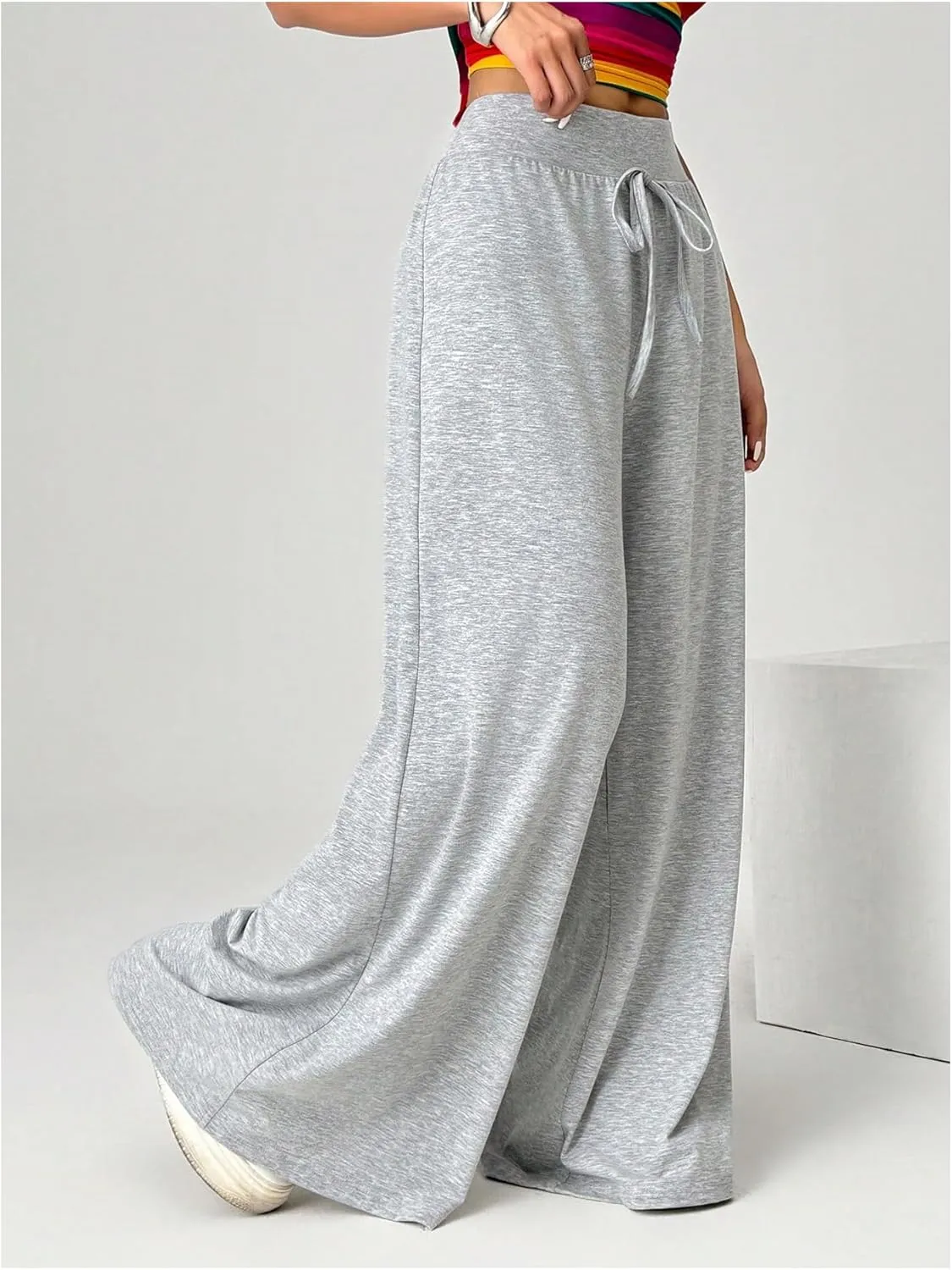 MakeMeChic Women's Tie Elastic High Waisted Wide Leg Pant Sweatpants Y2K Palazzo Baggy Pants