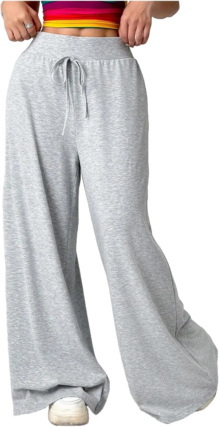 MakeMeChic Women's Tie Elastic High Waisted Wide Leg Pant Sweatpants Y2K Palazzo Baggy Pants